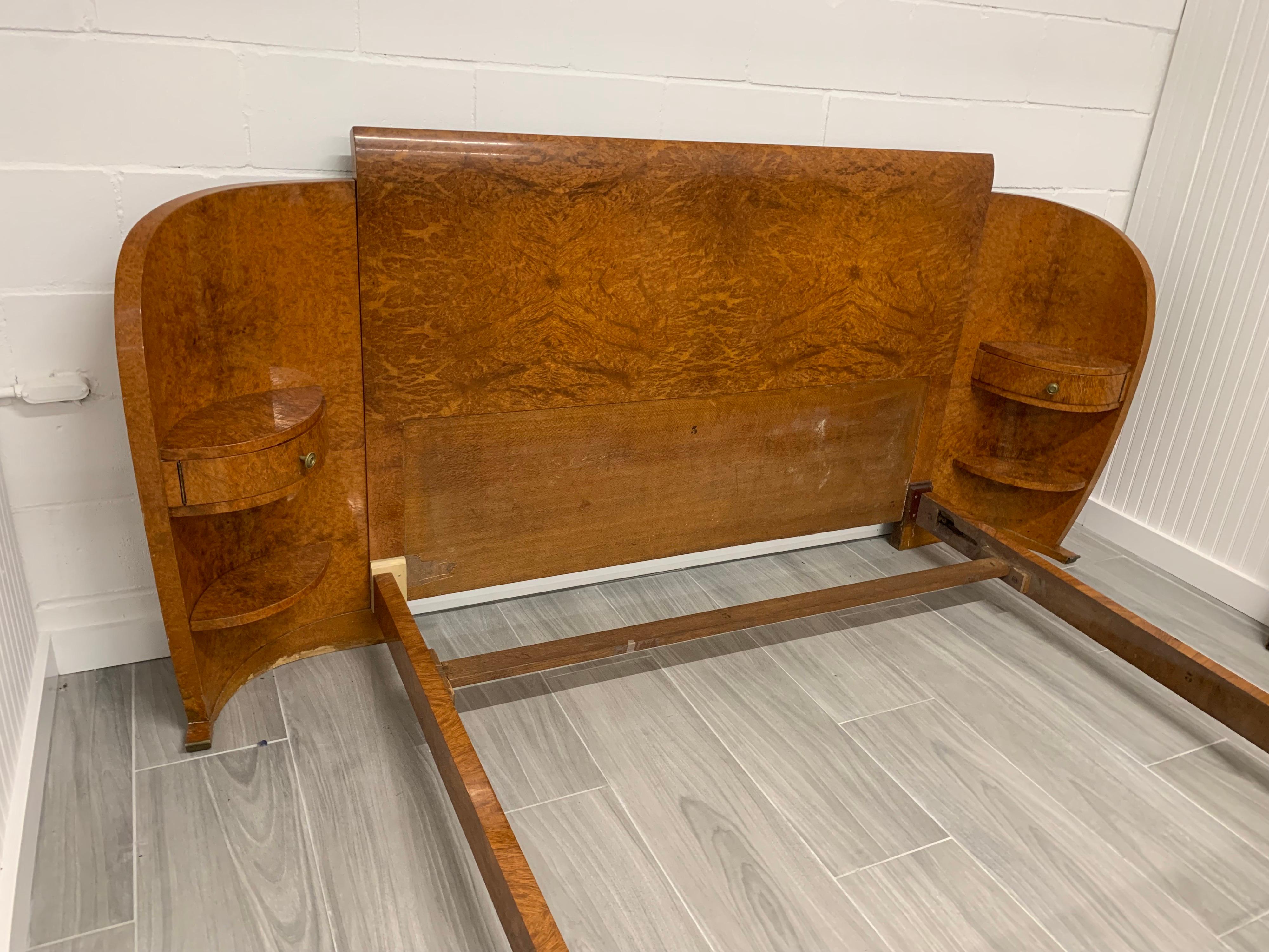 Stunning burl Art Deco queen size been as shown. Complete with built-ins at headboard. Comes with rails/headboard and footboard. All dimensions are below and the width for just the mattress/boxspring is 59