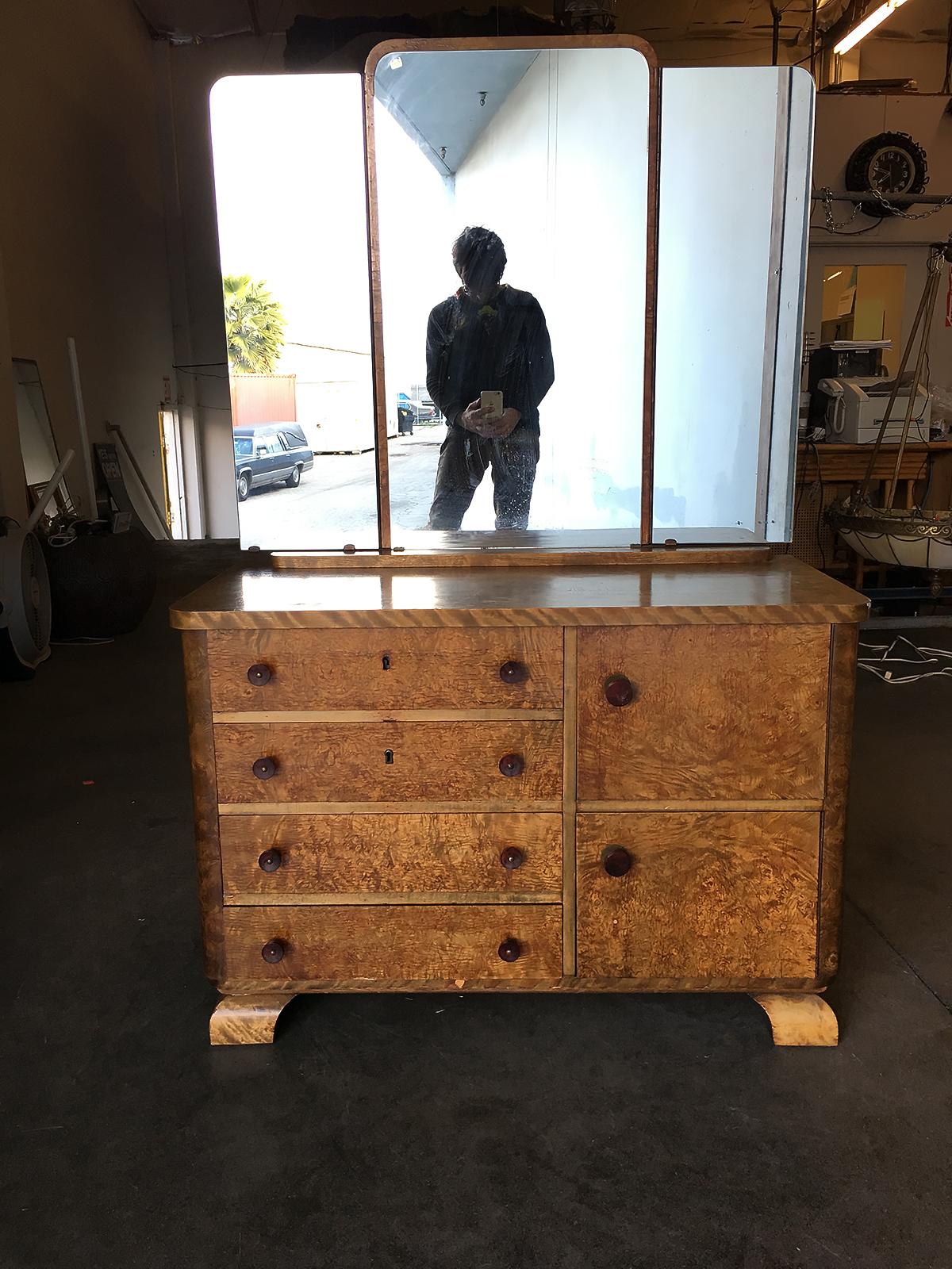 American Art Deco Burlwood Dresser with Tri Fold Mirror