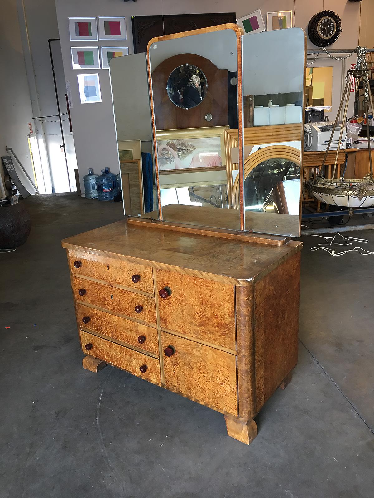 Art Deco Burlwood Dresser with Tri Fold Mirror In Excellent Condition In Van Nuys, CA