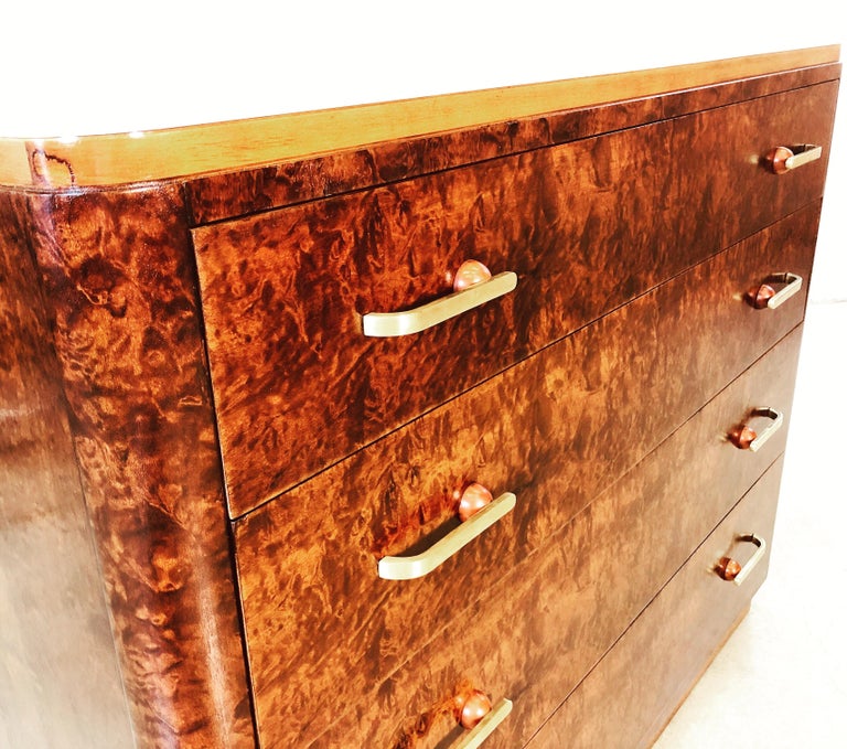 Art Deco Burl Wood Maple Dresser With Brass Drawer Pulls For Sale