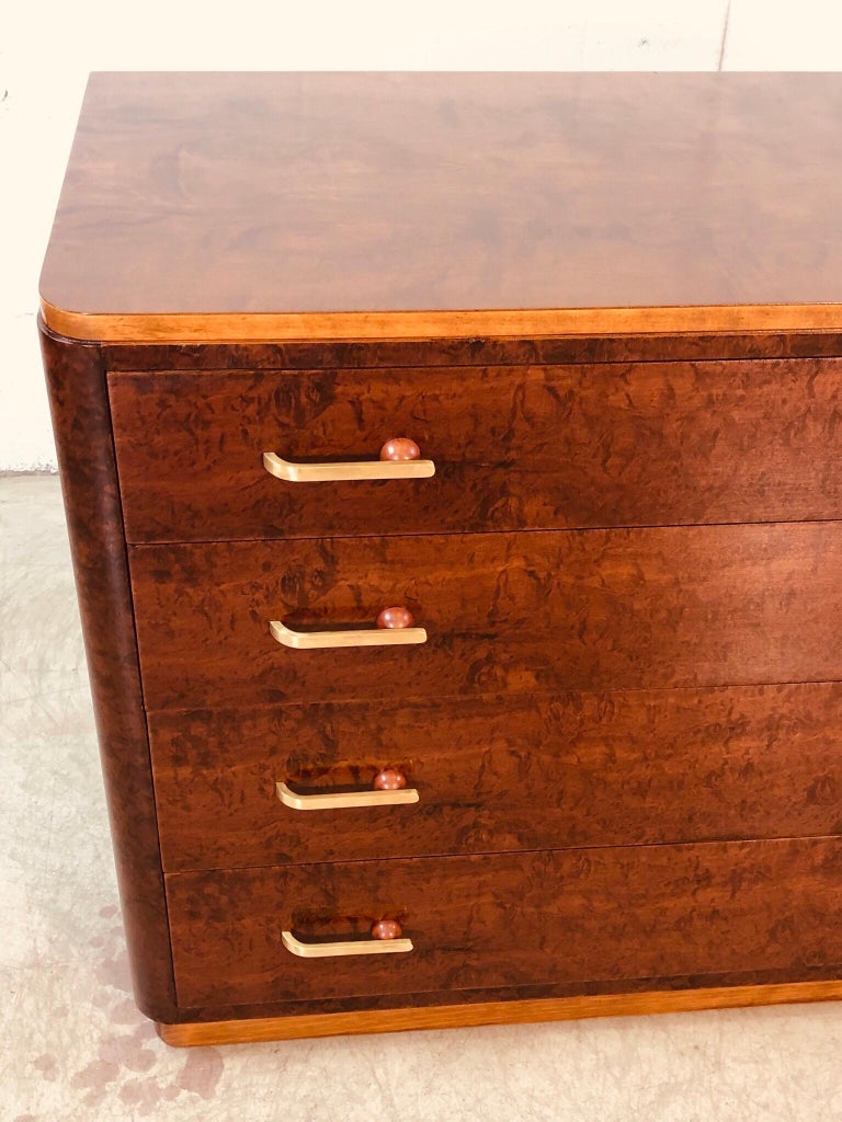 Art Deco Burl Wood Maple Dresser With Brass Drawer Pulls For Sale