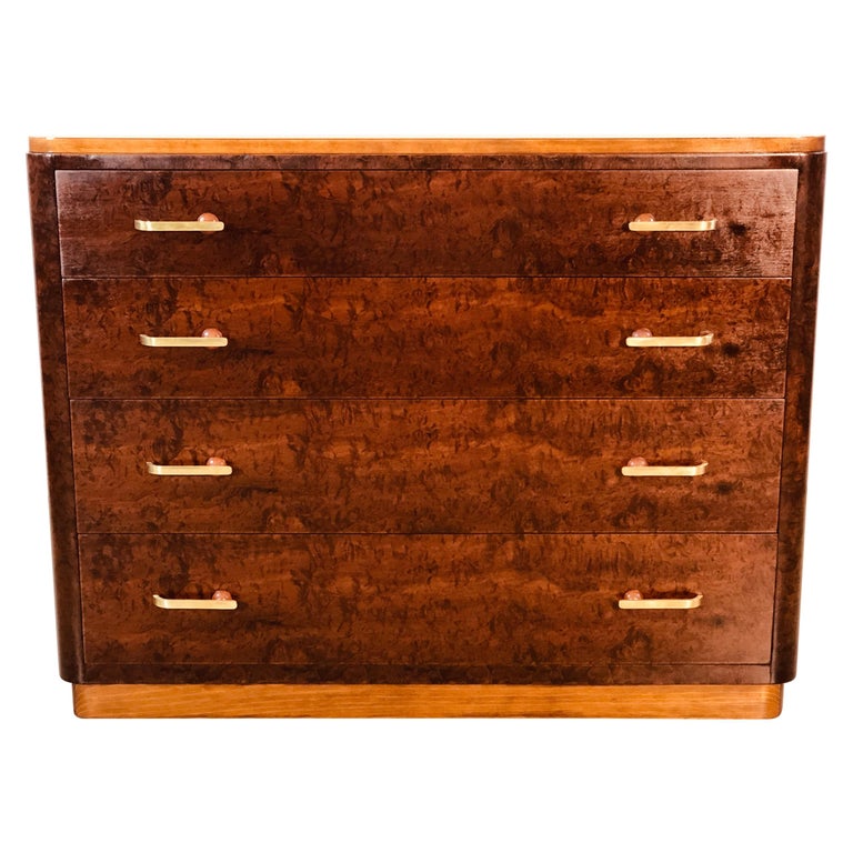 Art Deco Burl Wood Maple Dresser With Brass Drawer Pulls For Sale