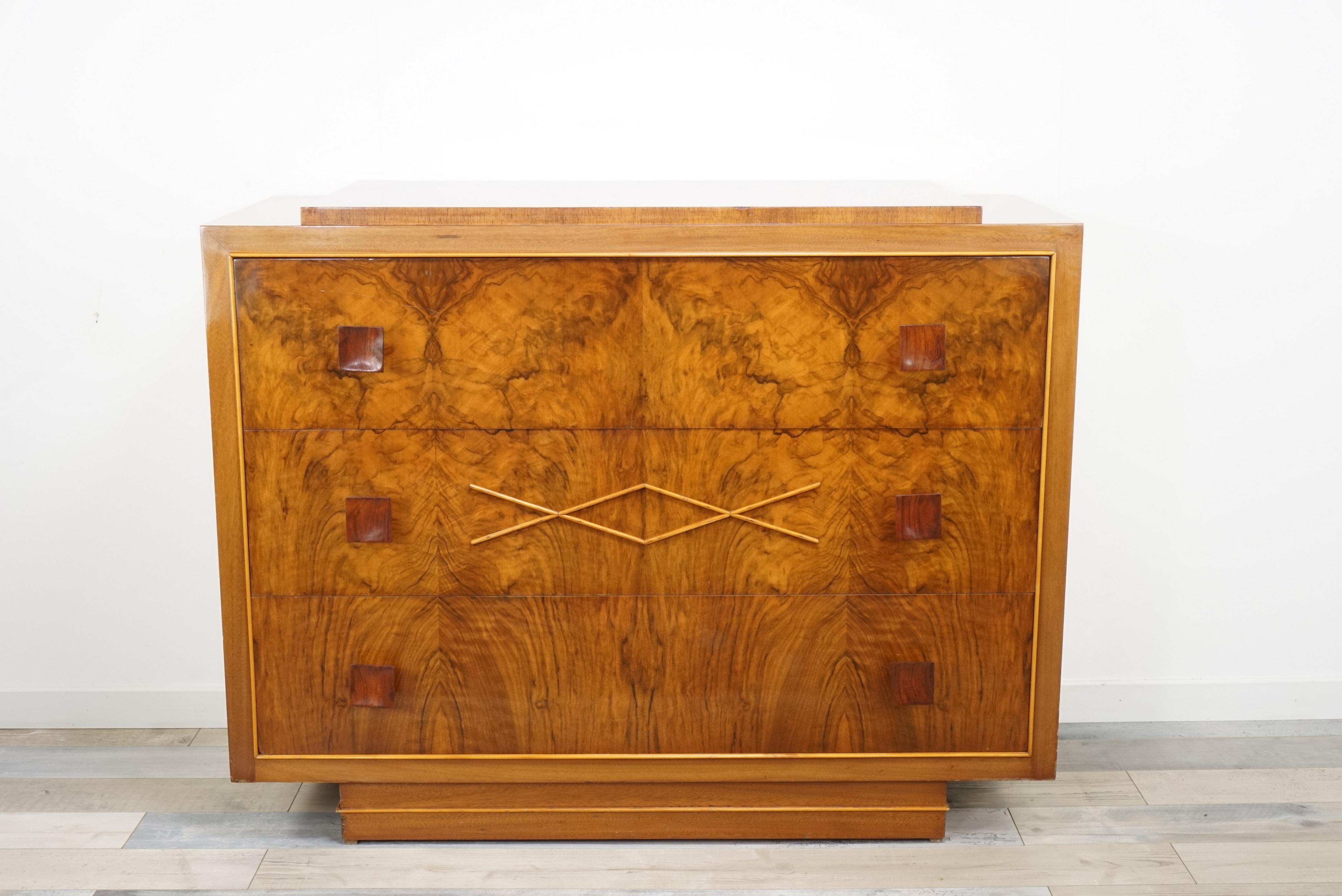 Belgian 1940s Art Deco Burlwood Walnut Wooden De Coene Design Chest of Drawers