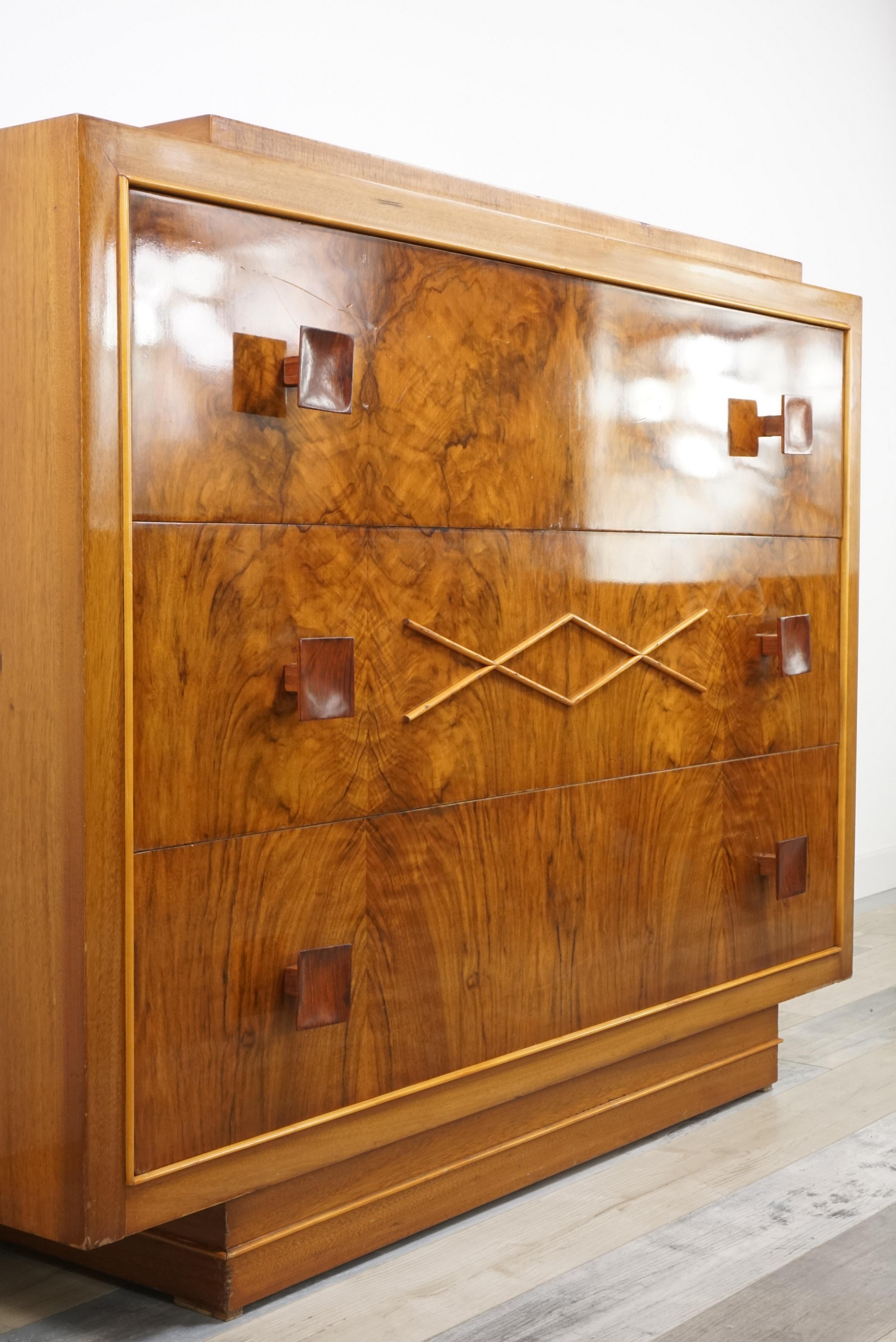 Mid-20th Century 1940s Art Deco Burlwood Walnut Wooden De Coene Design Chest of Drawers