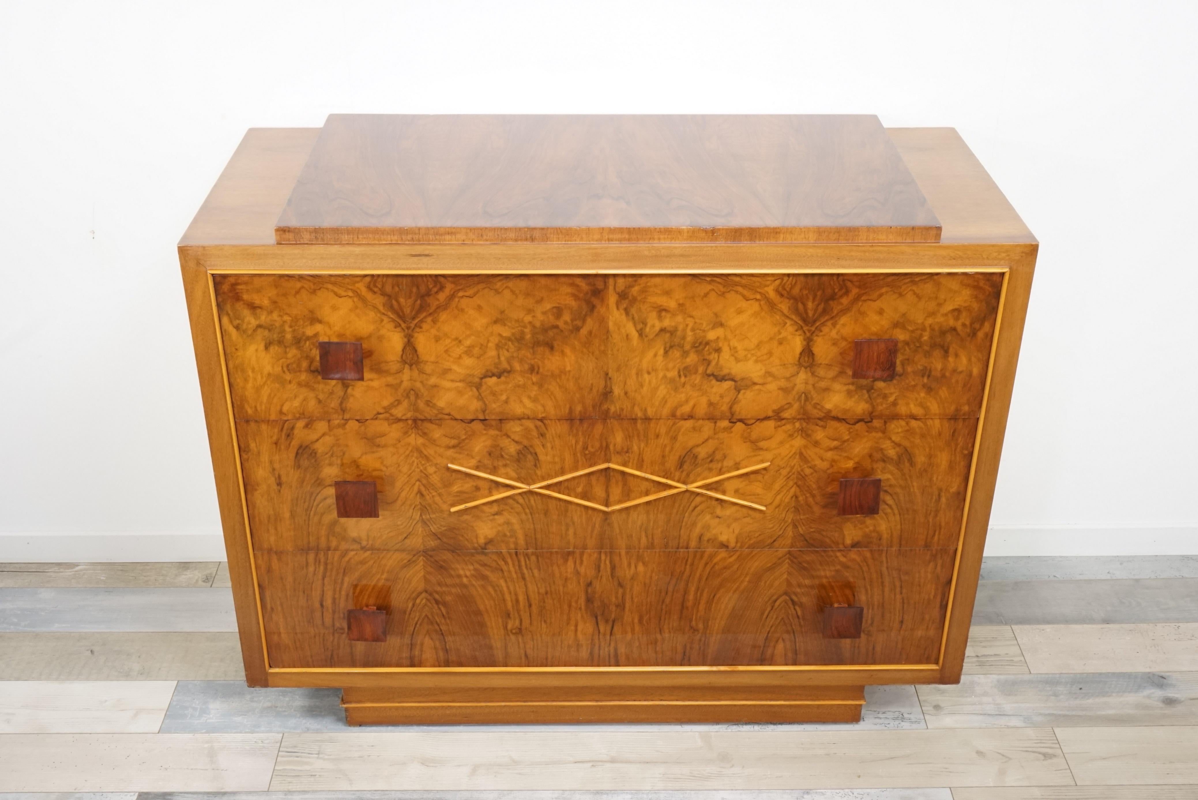 1940s Art Deco Burlwood Walnut Wooden De Coene Design Chest of Drawers 1