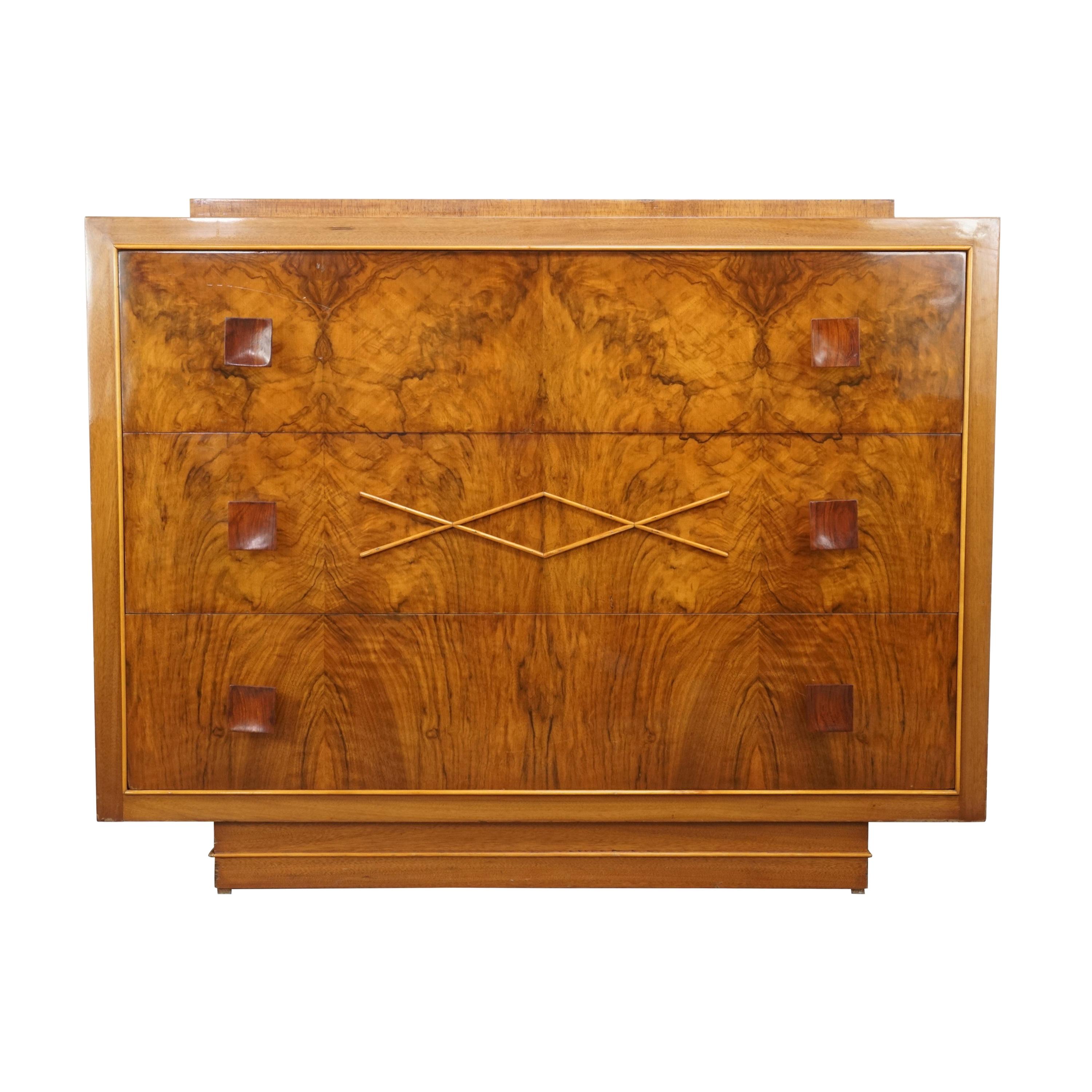 1940s Art Deco Burlwood Walnut Wooden De Coene Design Chest of Drawers
