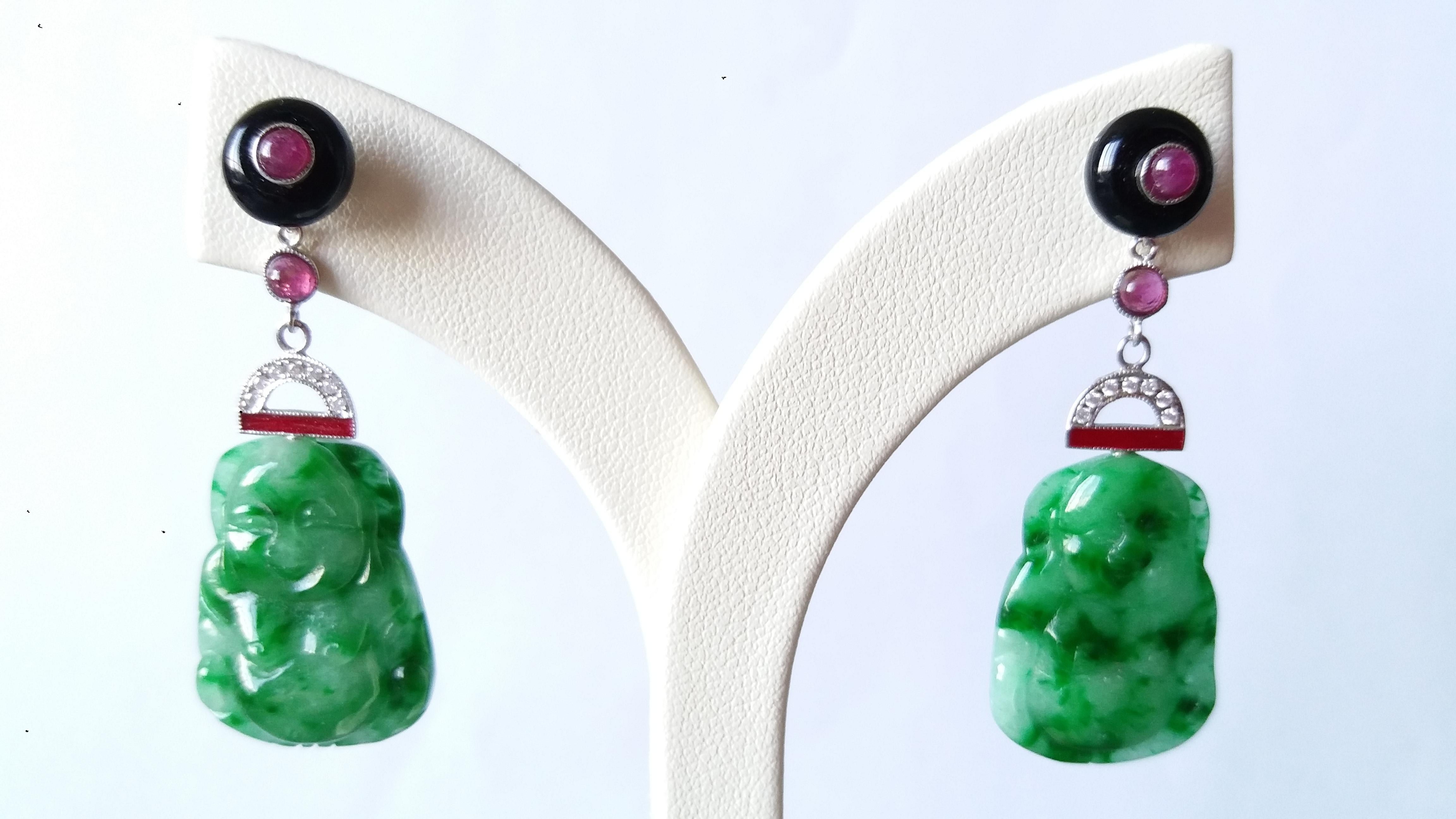 Mixed Cut Art Deco Style Burma Jade Buddha Gold Diamonds Rubies Red Enamel Dangle Earrings For Sale