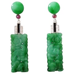 Art Deco Style Burma Jade Gold Diamonds Rubies Black Enamel Dangle Earrings