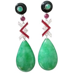 Antique Art Deco Style Burma Jade Gold Diamonds Rubies Emeralds Red Enamel Drop Earrings