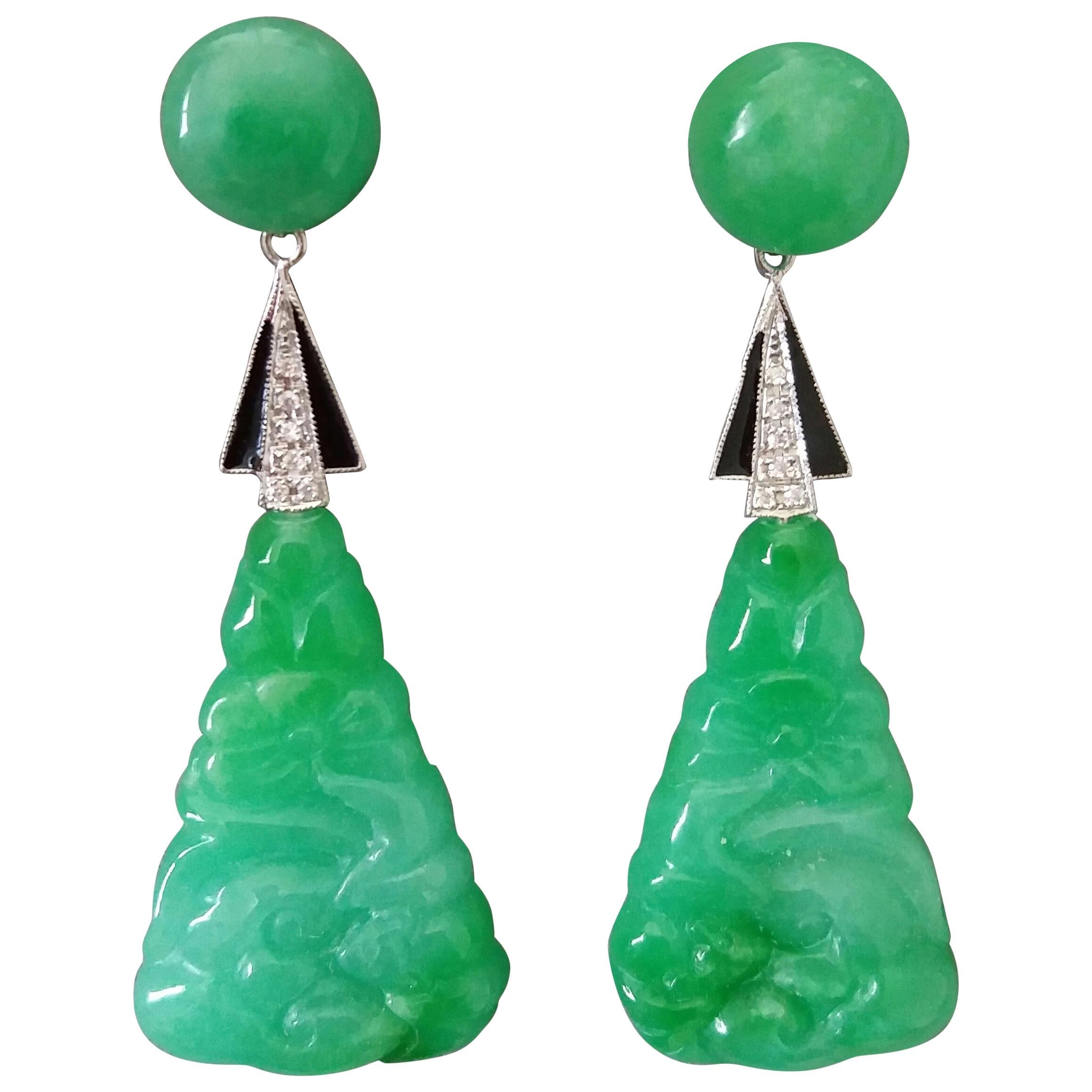 Art Deco Style Burma Jade Gold Full Cut Round Diamonds Black Enamel Earrings For Sale