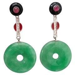 Art Deco Style Burma Jade Rubies Gold Diamonds Red Enamel Black Onyx Earrings