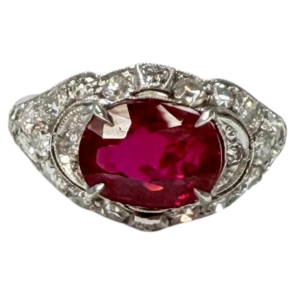 Art Deco Burma No Heat Oval Ruby And Diamond Ring, AGL Certified.