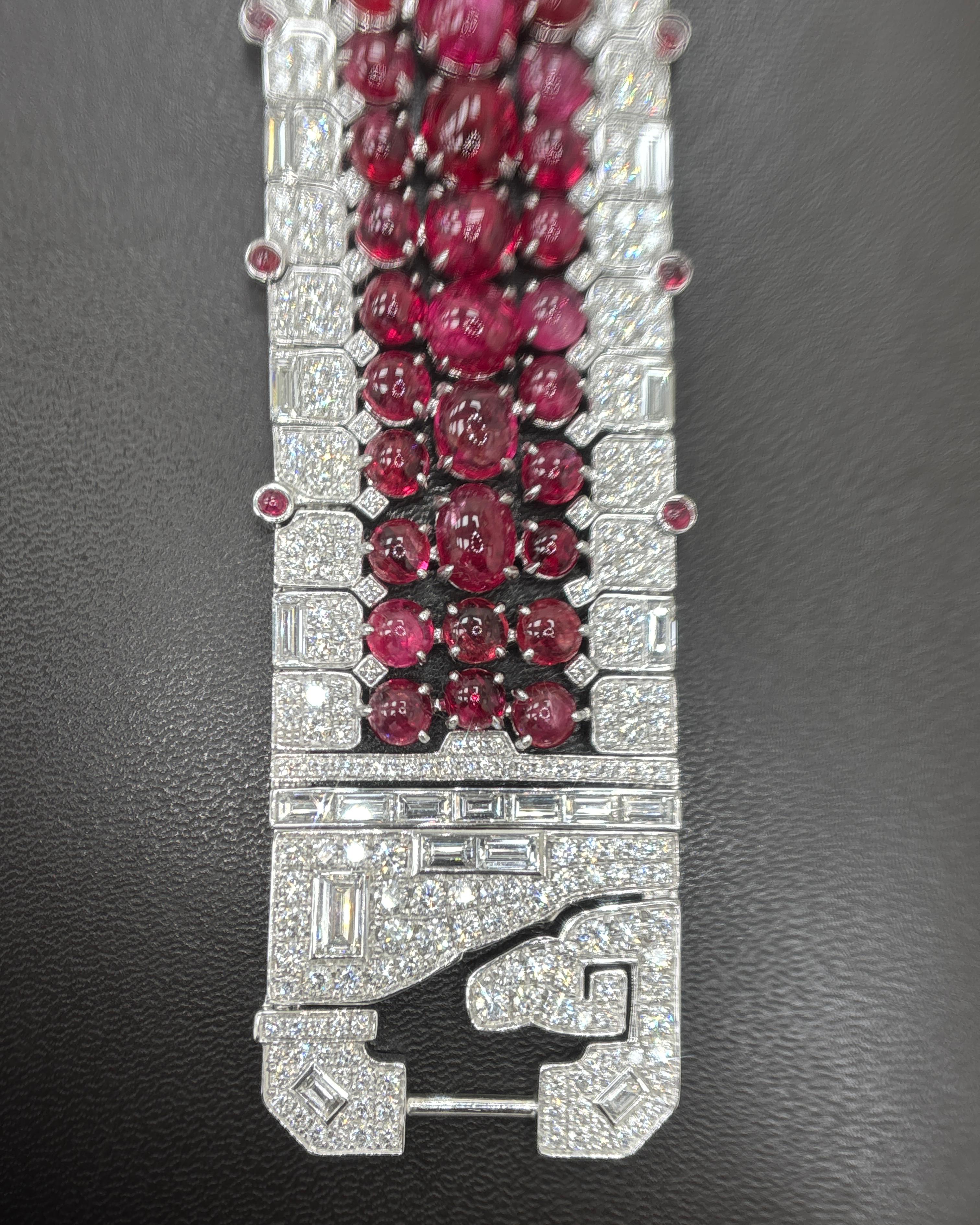 Art-Deco Burma No Heat Spinell Cabochon Weißer Diamant Platin-Armband im Angebot 7