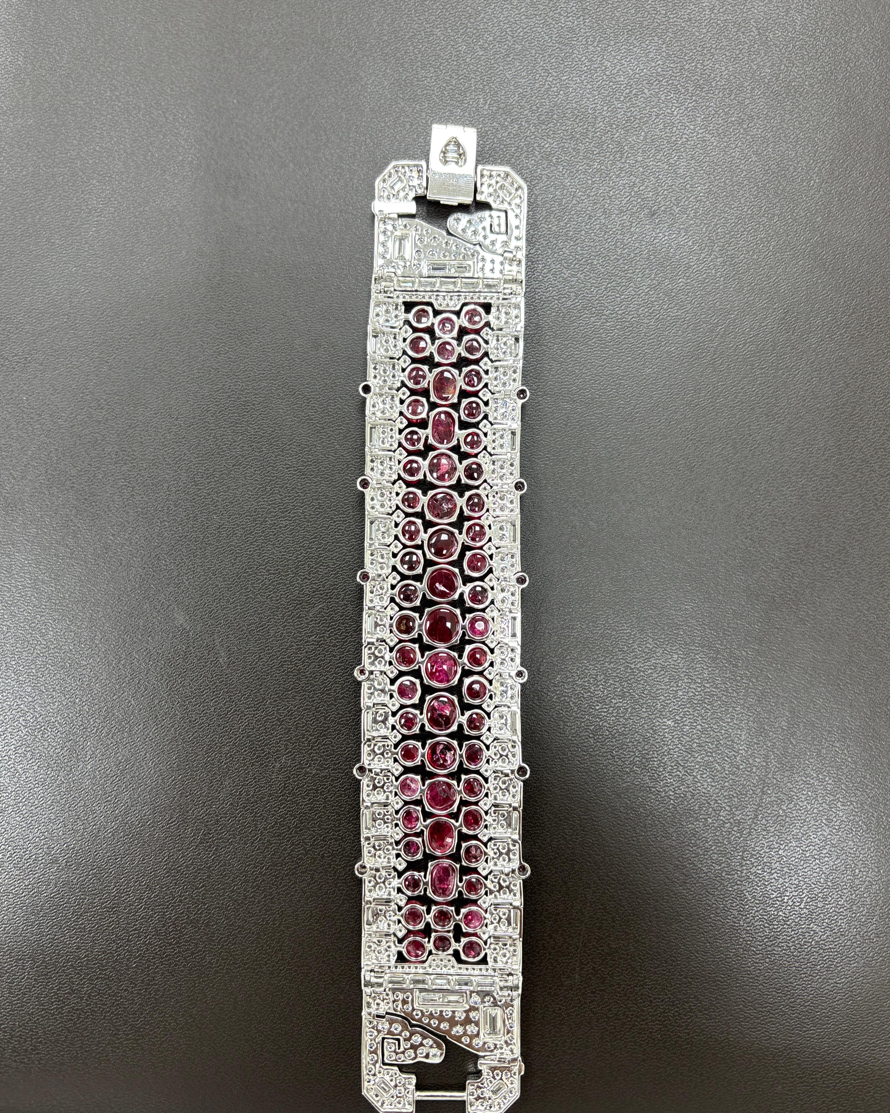Art-Deco Burma No Heat Spinell Cabochon Weißer Diamant Platin-Armband im Angebot 11