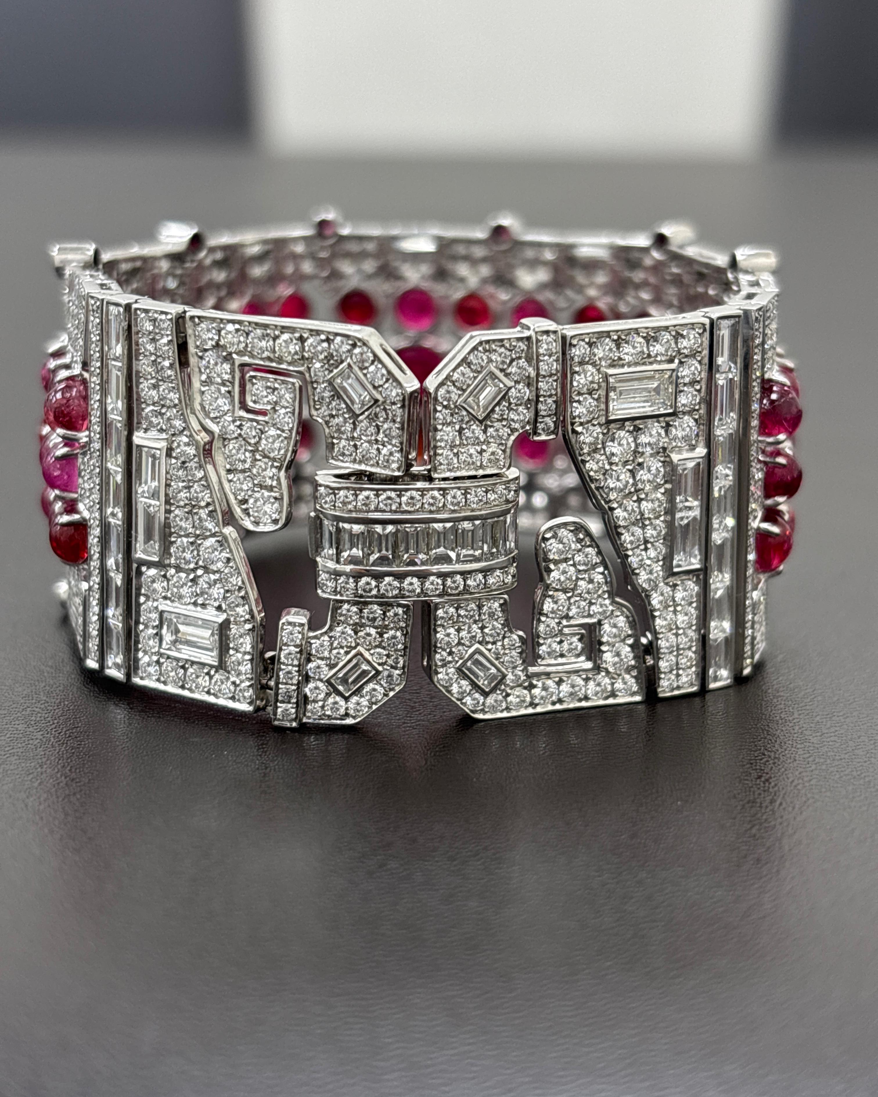 Art-Deco Burma No Heat Spinell Cabochon Weißer Diamant Platin-Armband (Art déco) im Angebot