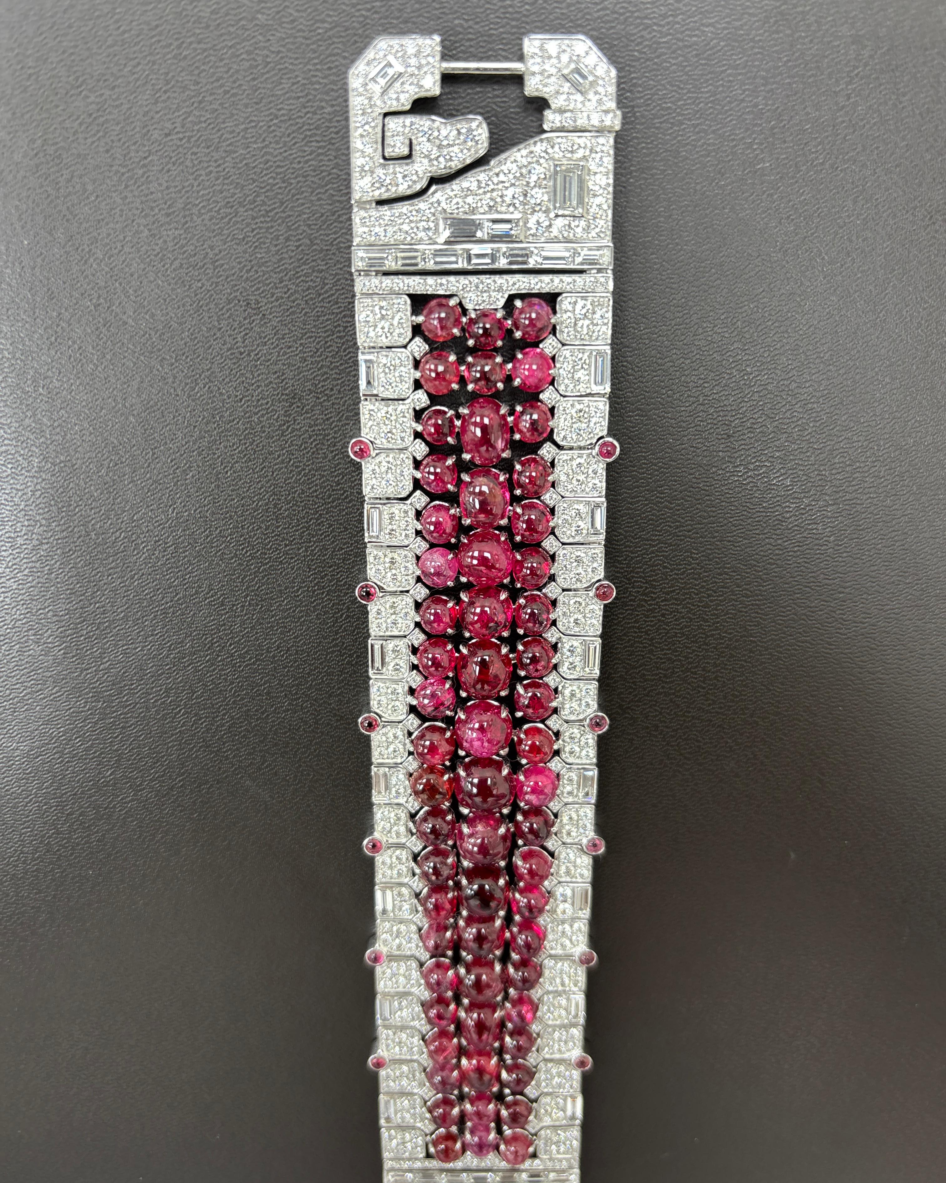 Art-Deco Burma No Heat Spinell Cabochon Weißer Diamant Platin-Armband im Angebot 4
