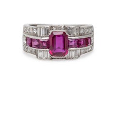 Art Deco Burma Ruby and Diamond Ring In Platinum, GIA Certified.