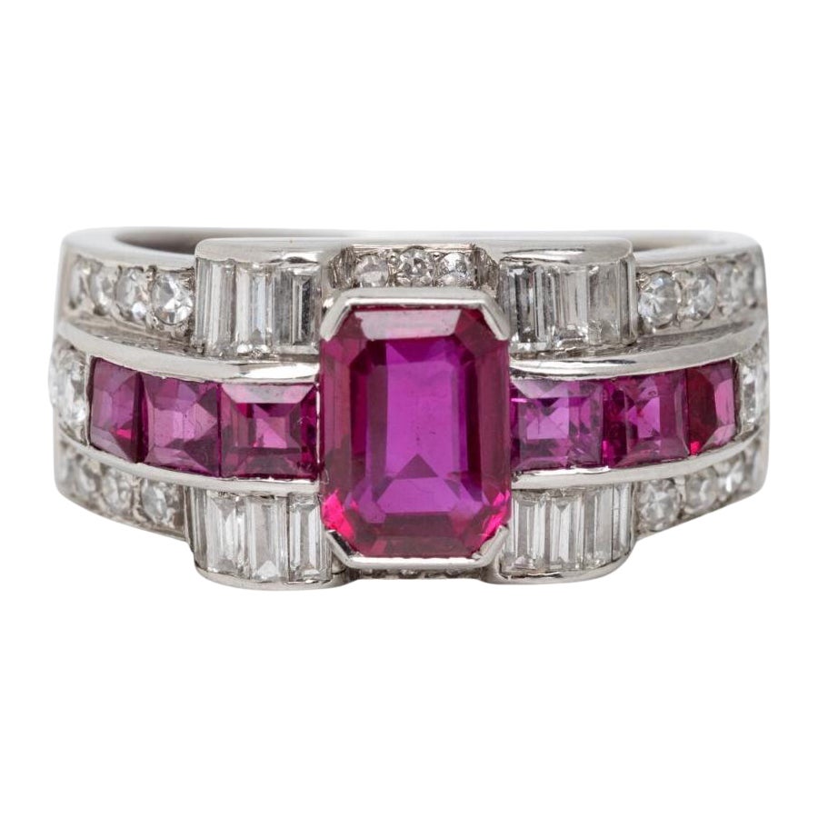 Art Deco Burma Ruby and Diamond Ring In Platinum, GIA Certified.
