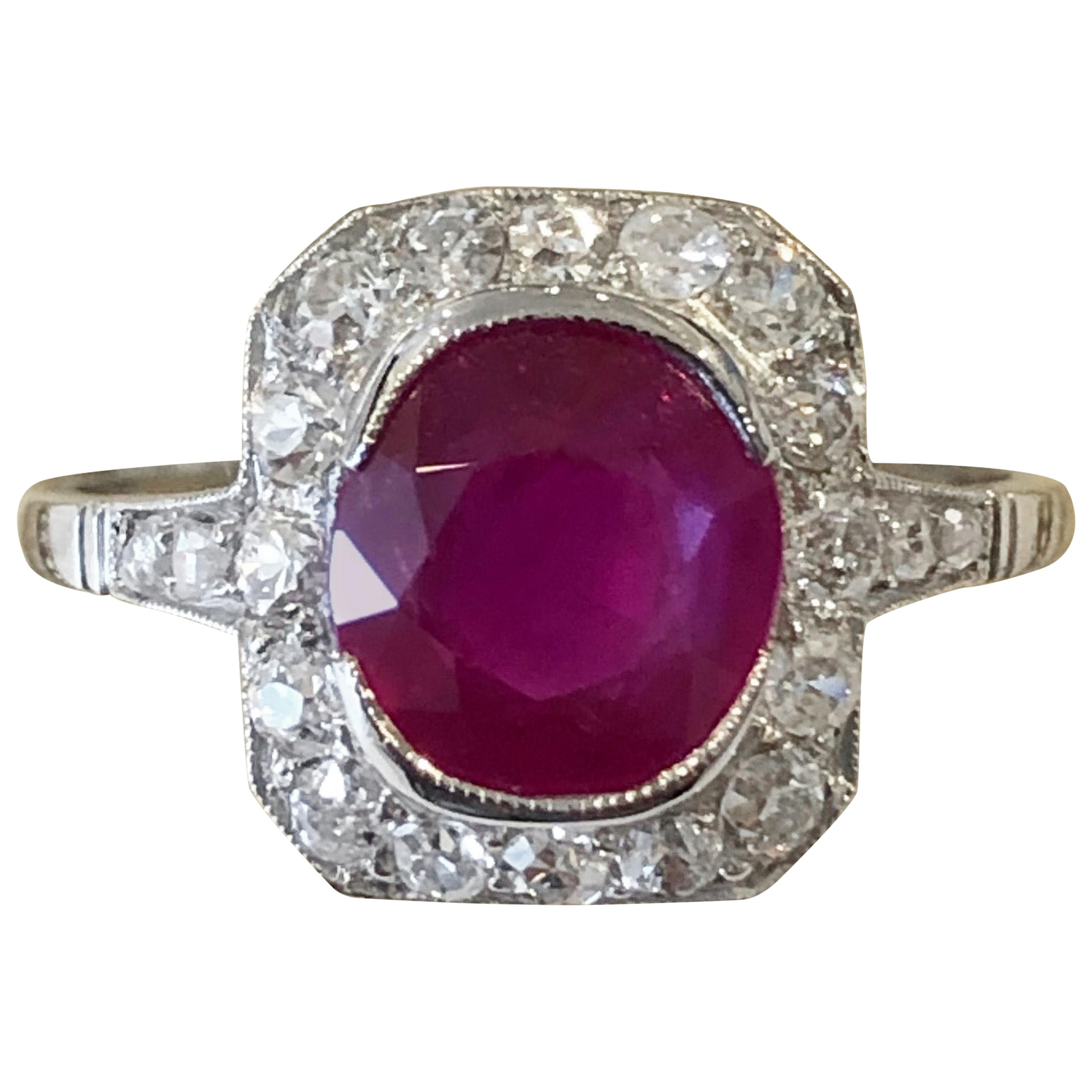 Art Deco Burma Ruby and Diamond Ring with GCS Certificate For Sale
