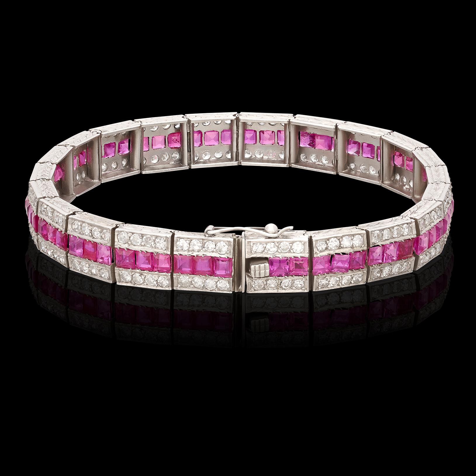 Art Deco Burma Ruby & Diamond Bracelet For Sale 1