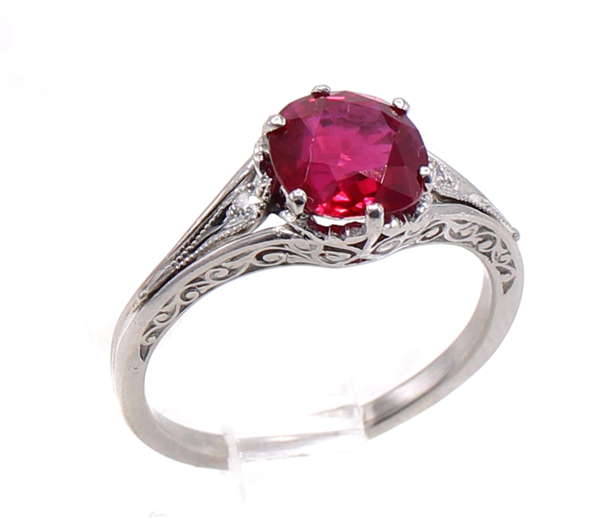 Cushion Cut Art Deco Burma Ruby Diamond Platinum Ring For Sale