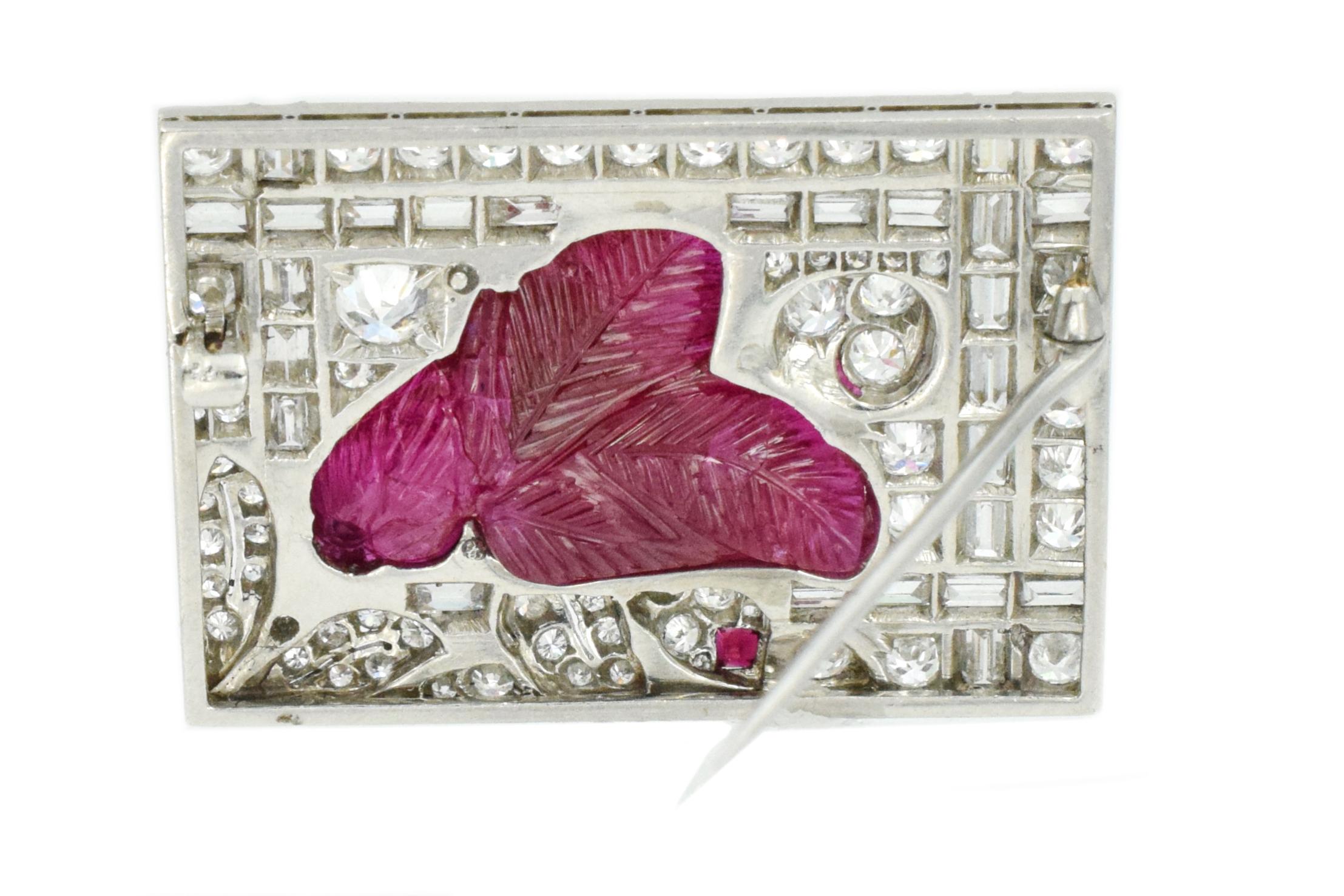 Art Deco Burmese No Enhancement Carved Ruby Diamond Brooch For Sale 2