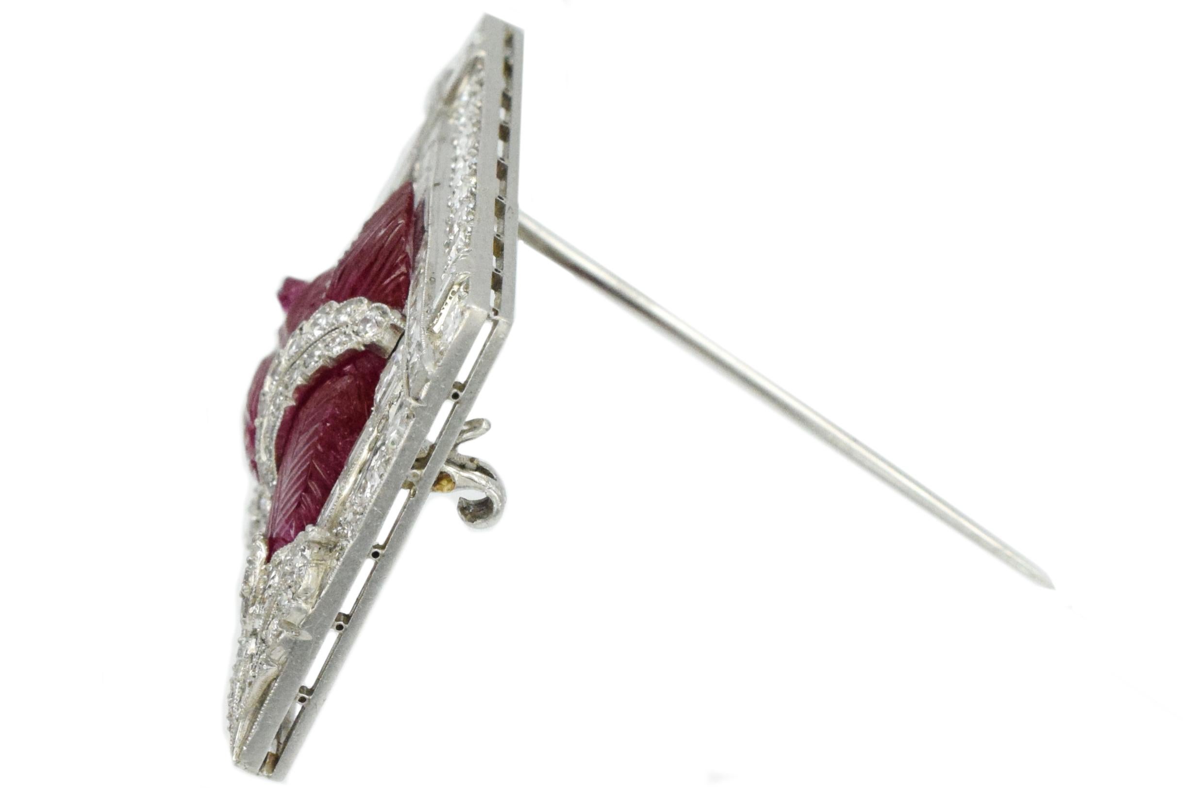 Art Deco Burmese No Enhancement Carved Ruby Diamond Brooch For Sale 3