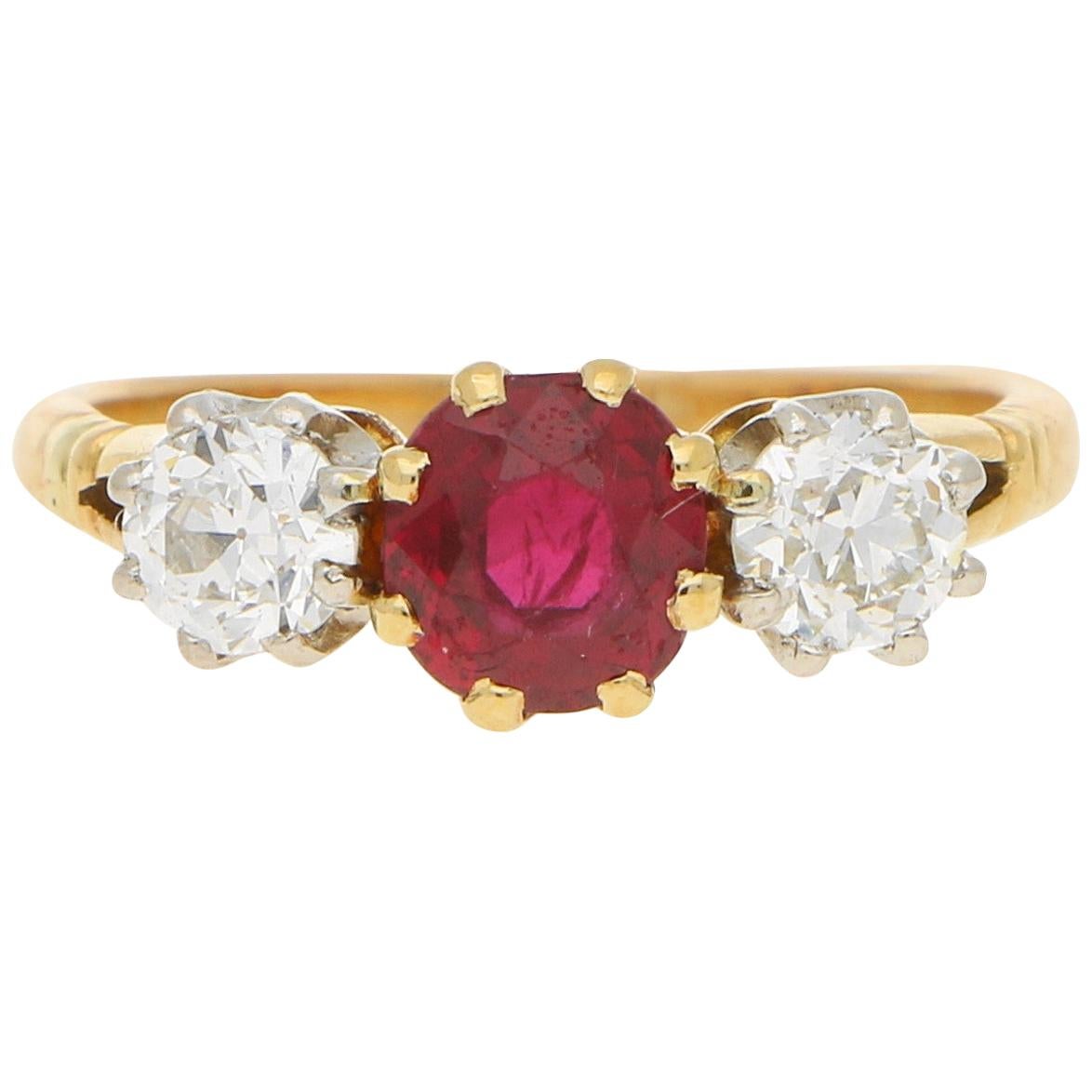 Art Deco Burmese Red Ruby and Old Mine Cut Diamond Trilogy Engagement Ring