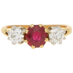 Antique Art Deco Burmese Red Ruby and Old Mine Cut Diamond Trilogy Engagement Ring