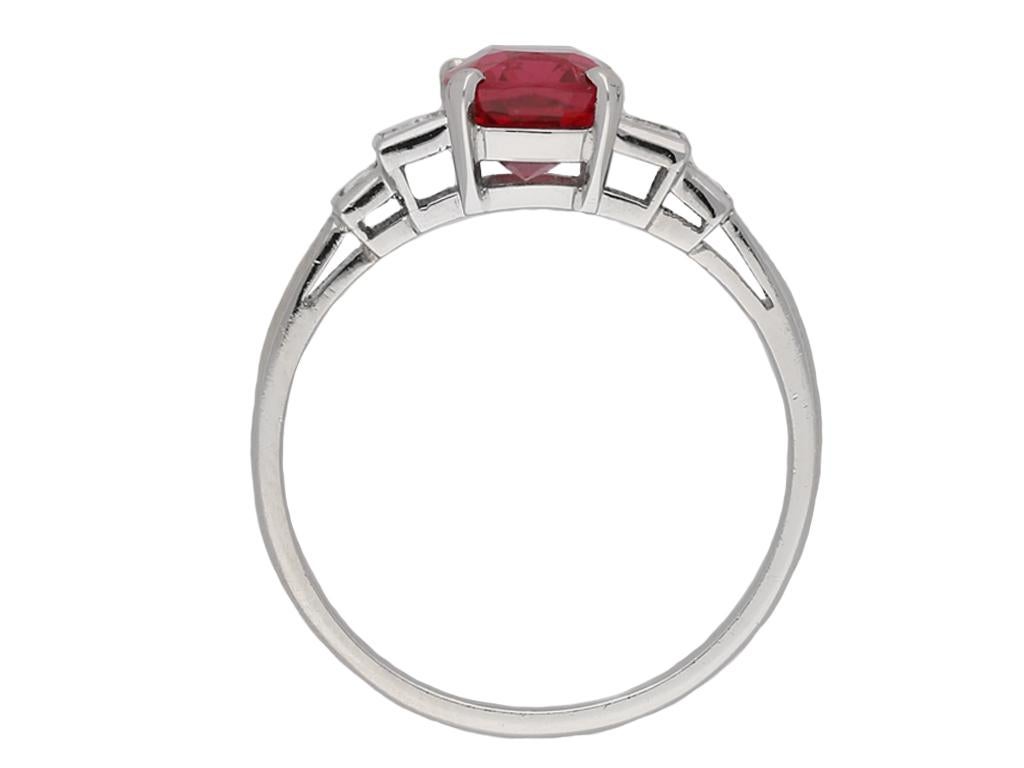 Antique Cushion Cut Art Deco Burmese Red Spinel and Diamond Ring, circa 1925 For Sale