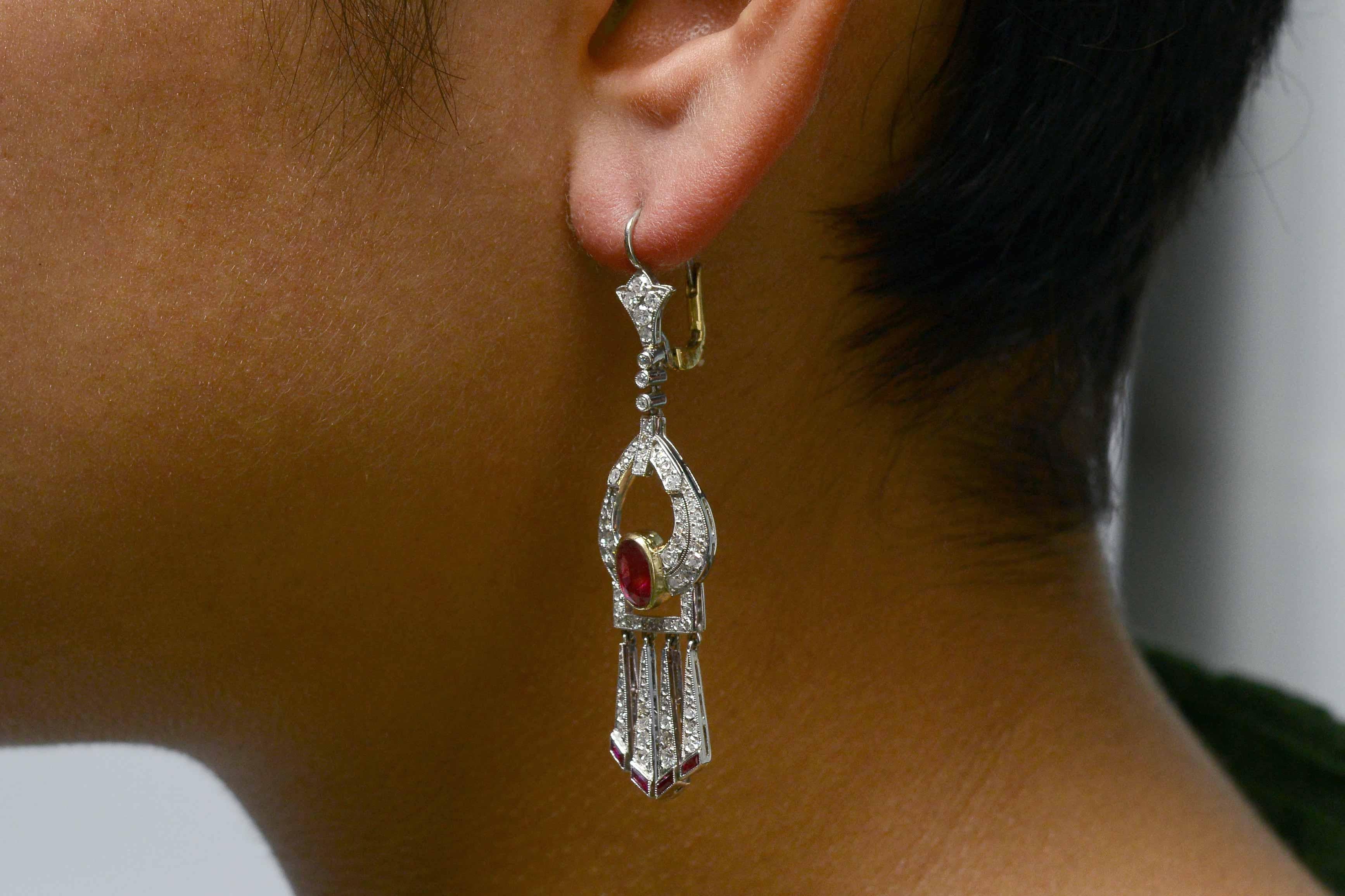 Oval Cut Art Deco Burmese Ruby and Diamond Drop Earrings Platinum Fringed Dangles 4 Carat