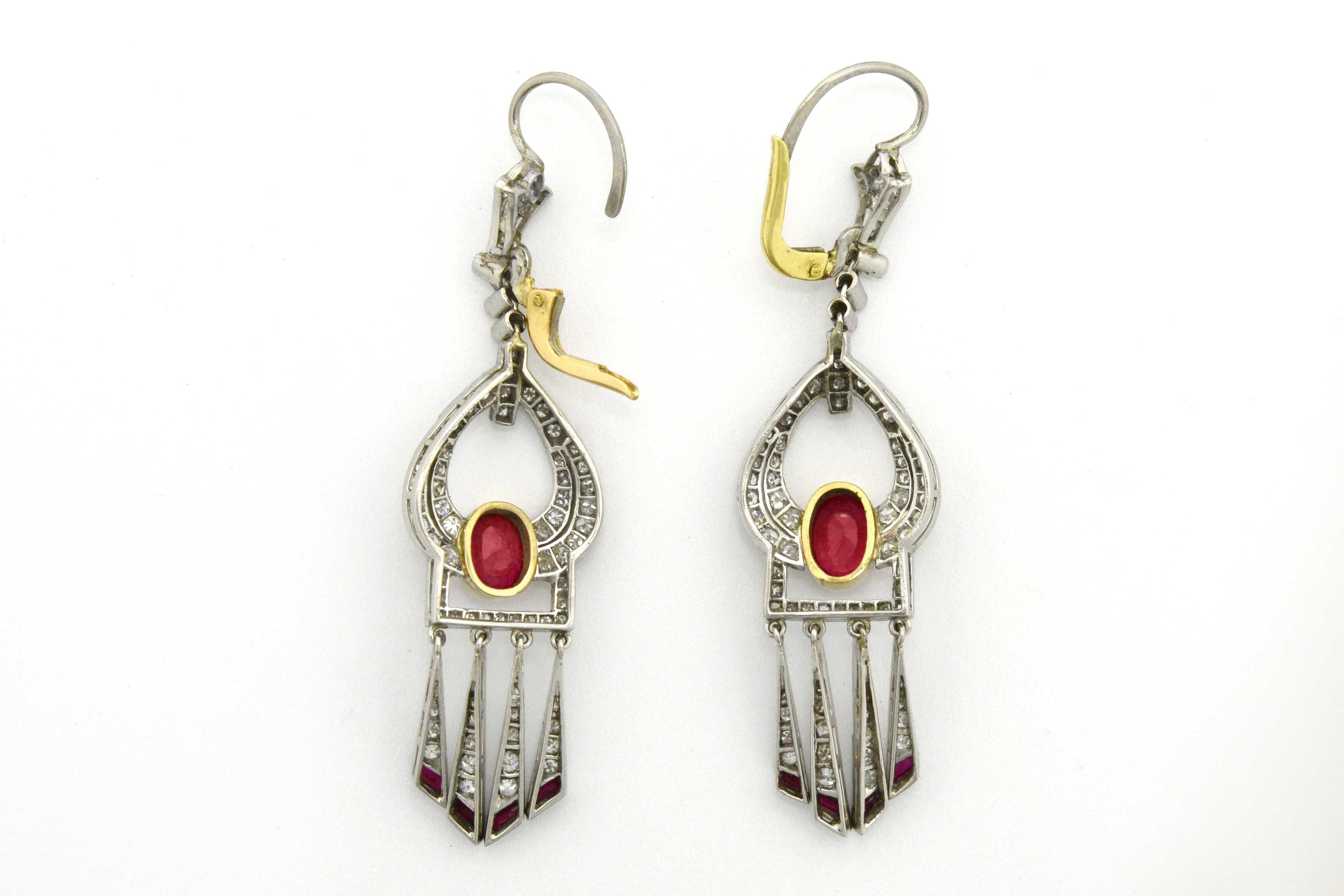 Women's Art Deco Burmese Ruby and Diamond Drop Earrings Platinum Fringed Dangles 4 Carat