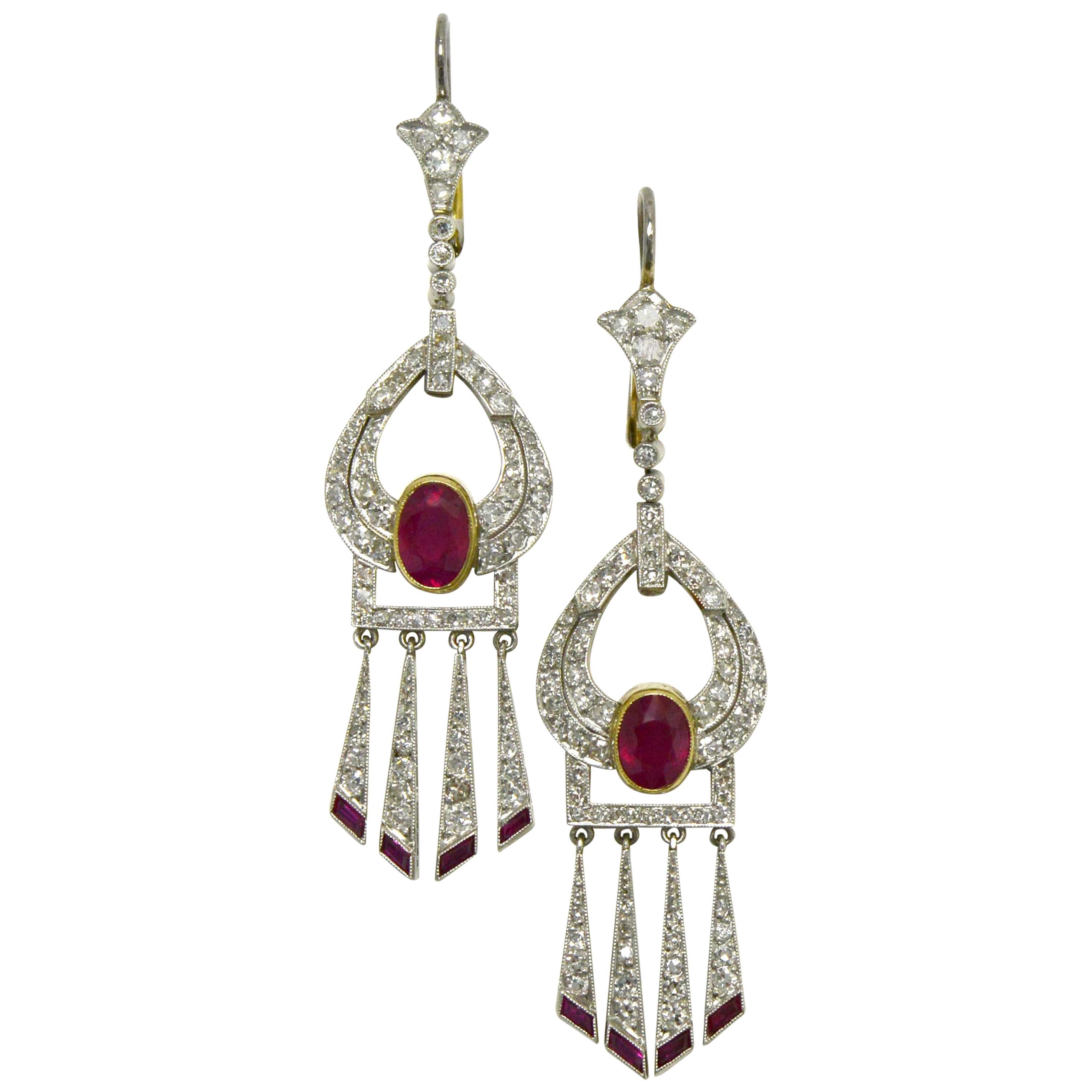 Art Deco Burmese Ruby and Diamond Drop Earrings Platinum Fringed Dangles 4 Carat