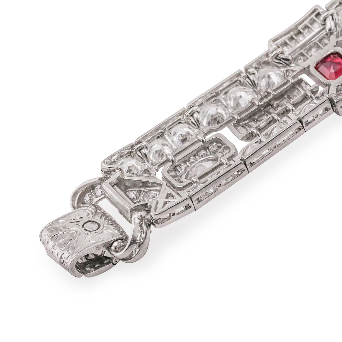 Art Deco Burmese Ruby Diamond Bracelet In Good Condition In Dallas, TX