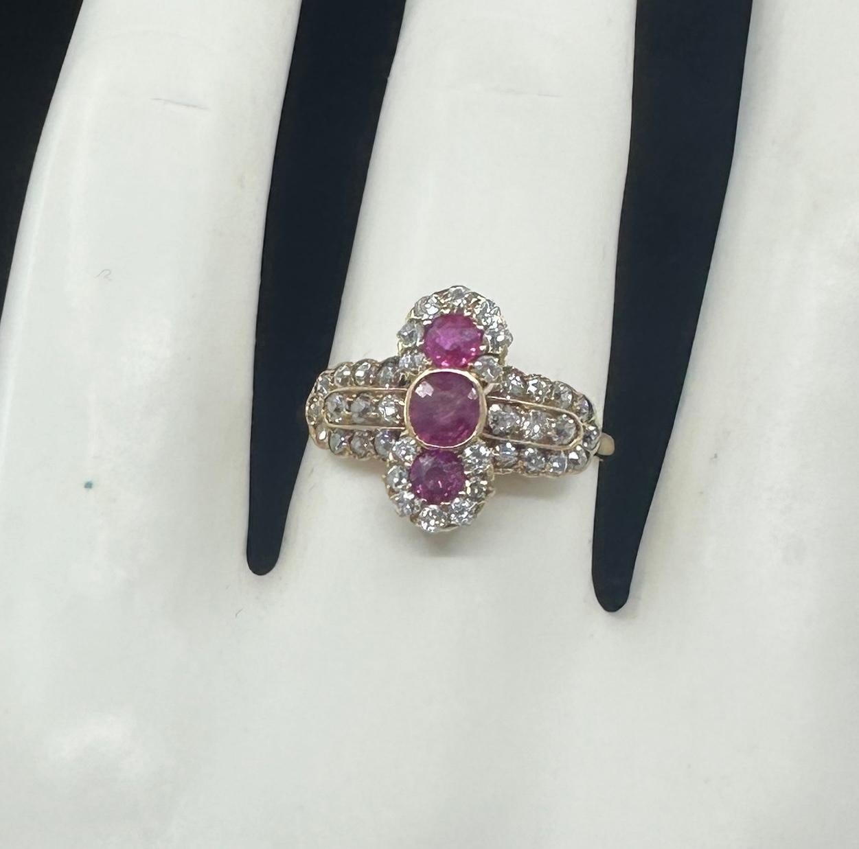 Art Deco Burmese Ruby OMC Diamond Ring 14K Gold Antike Hochzeit Verlobungsring im Angebot 4
