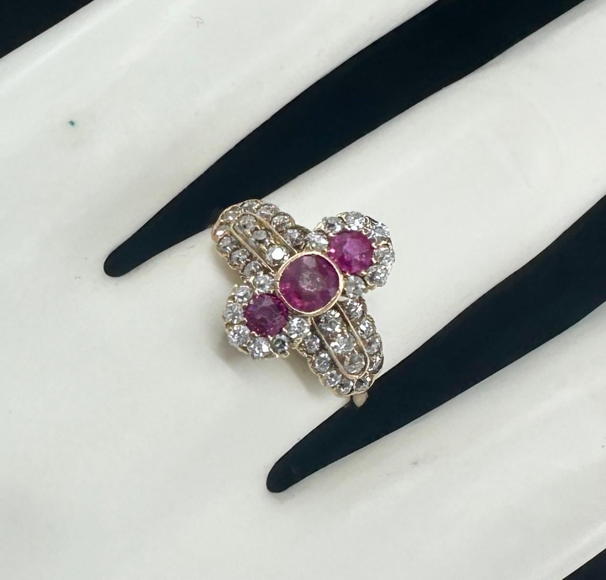 Art Deco Burmese Ruby OMC Diamond Ring 14K Gold Antike Hochzeit Verlobungsring im Angebot 5