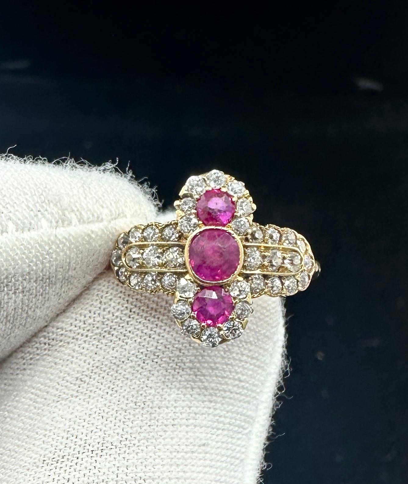 Art Deco Burmese Ruby OMC Diamond Ring 14K Gold Antike Hochzeit Verlobungsring (Art déco) im Angebot