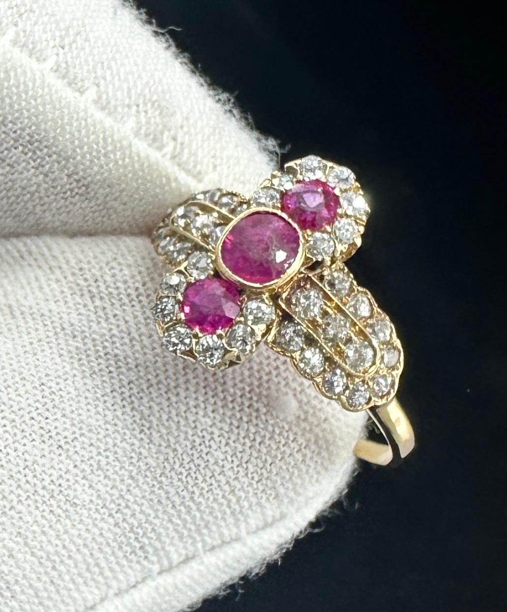 Art Deco Burmese Ruby OMC Diamond Ring 14K Gold Antike Hochzeit Verlobungsring im Angebot 2