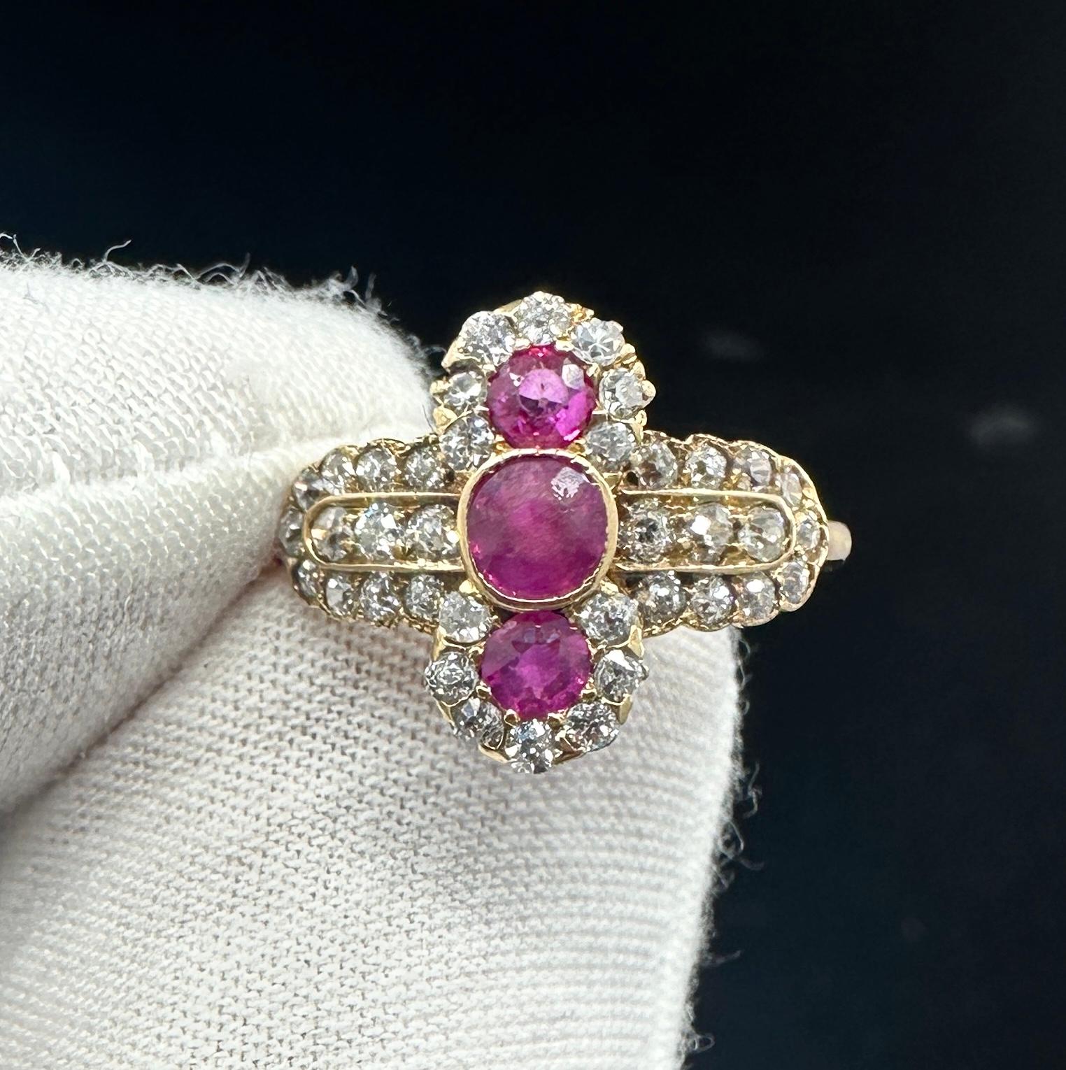Art Deco Burmese Ruby OMC Diamond Ring 14K Gold Antike Hochzeit Verlobungsring im Angebot 3