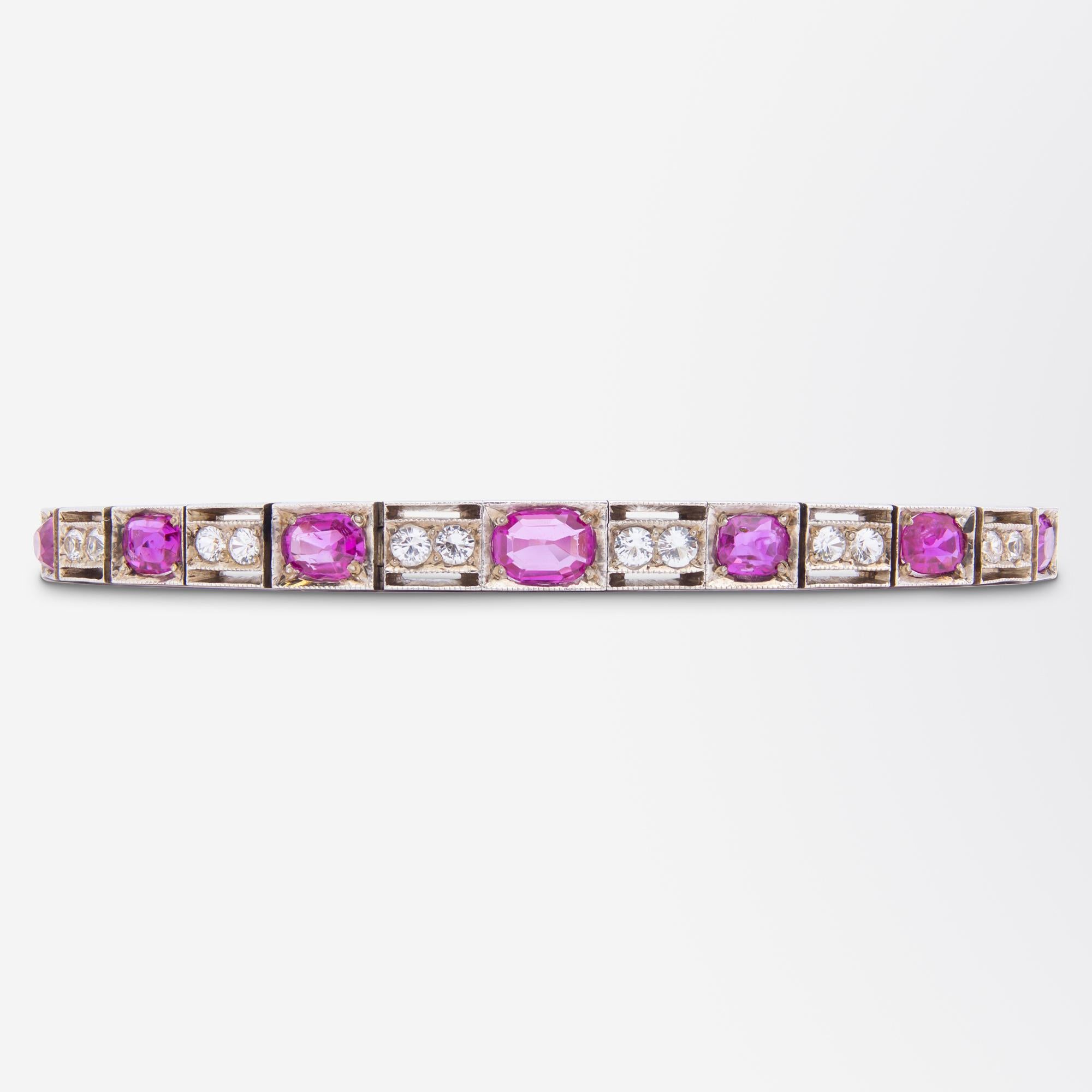 Brilliant Cut Art Deco, Burmese Ruby & White Sapphire Bracelet For Sale