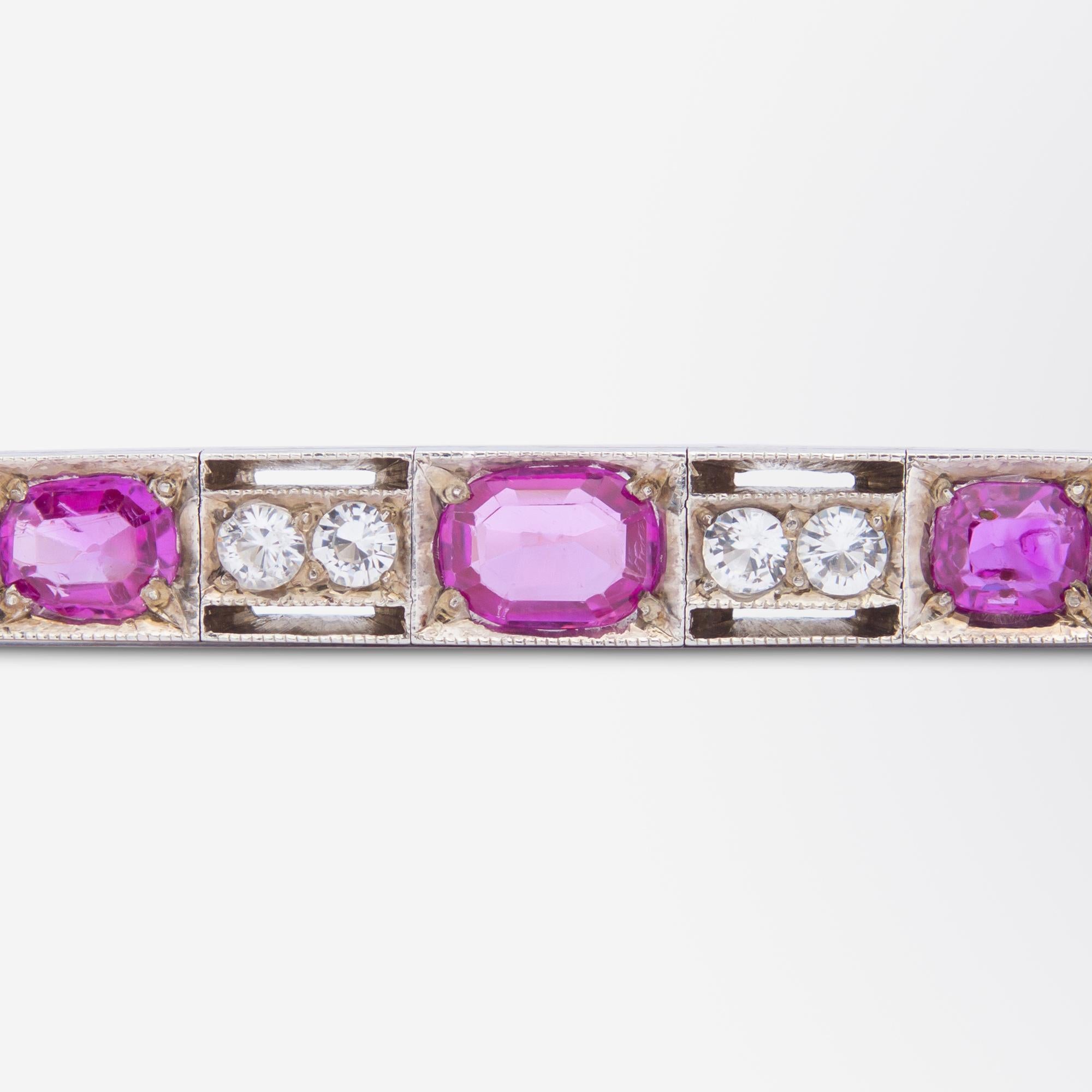 Art Deco, Burmese Ruby & White Sapphire Bracelet In Good Condition For Sale In Brisbane, QLD