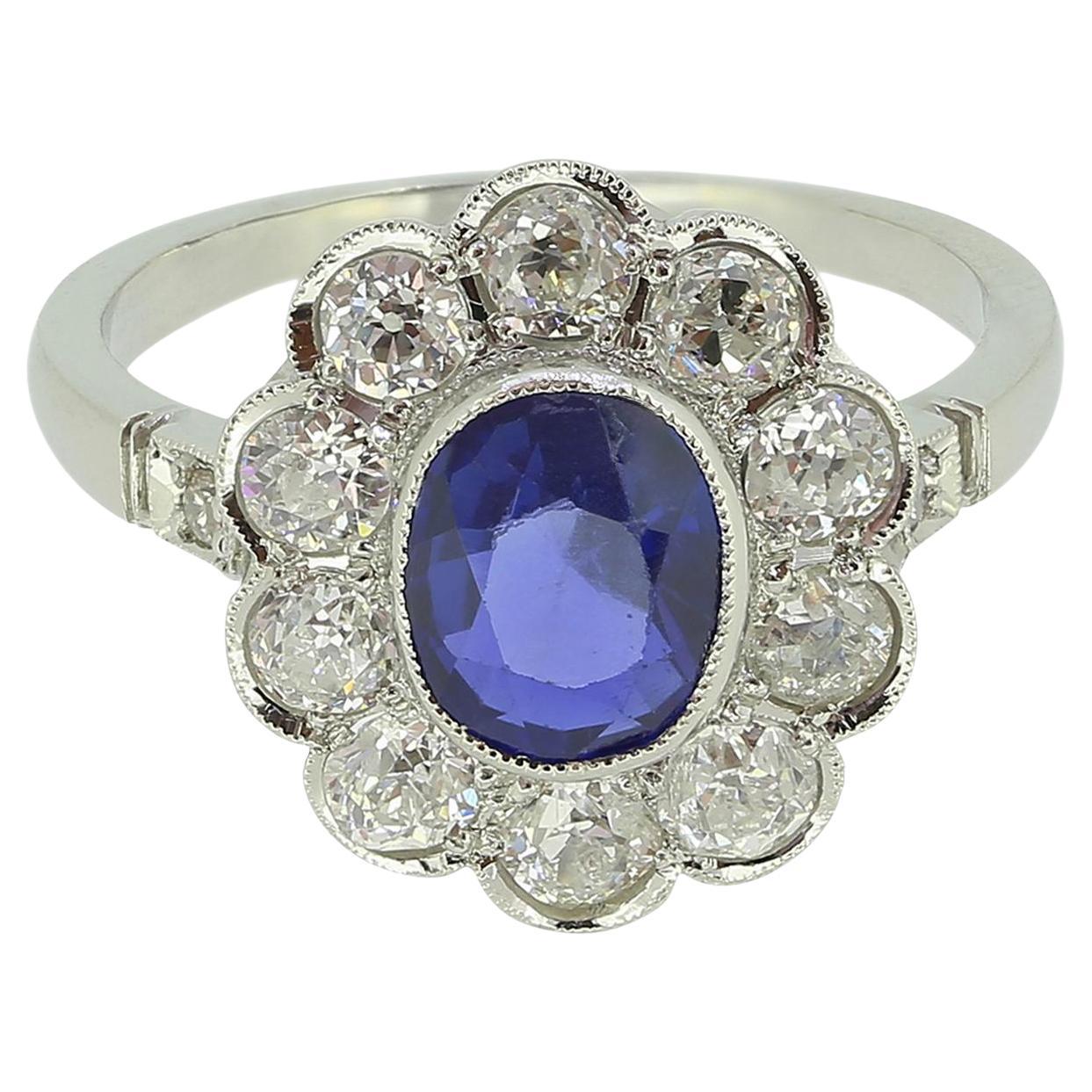 Art Deco Burmese Sapphire and Diamond Cluster Ring