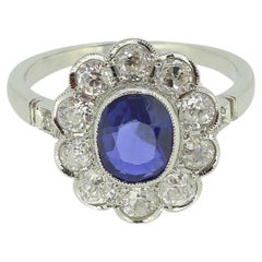 Art Deco Burmese Sapphire and Diamond Cluster Ring