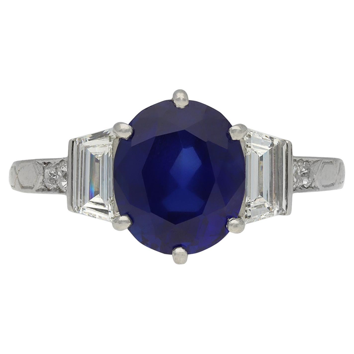 Art Deco Burmese Sapphire and Diamond Engagement Ring, circa 1930.  For Sale