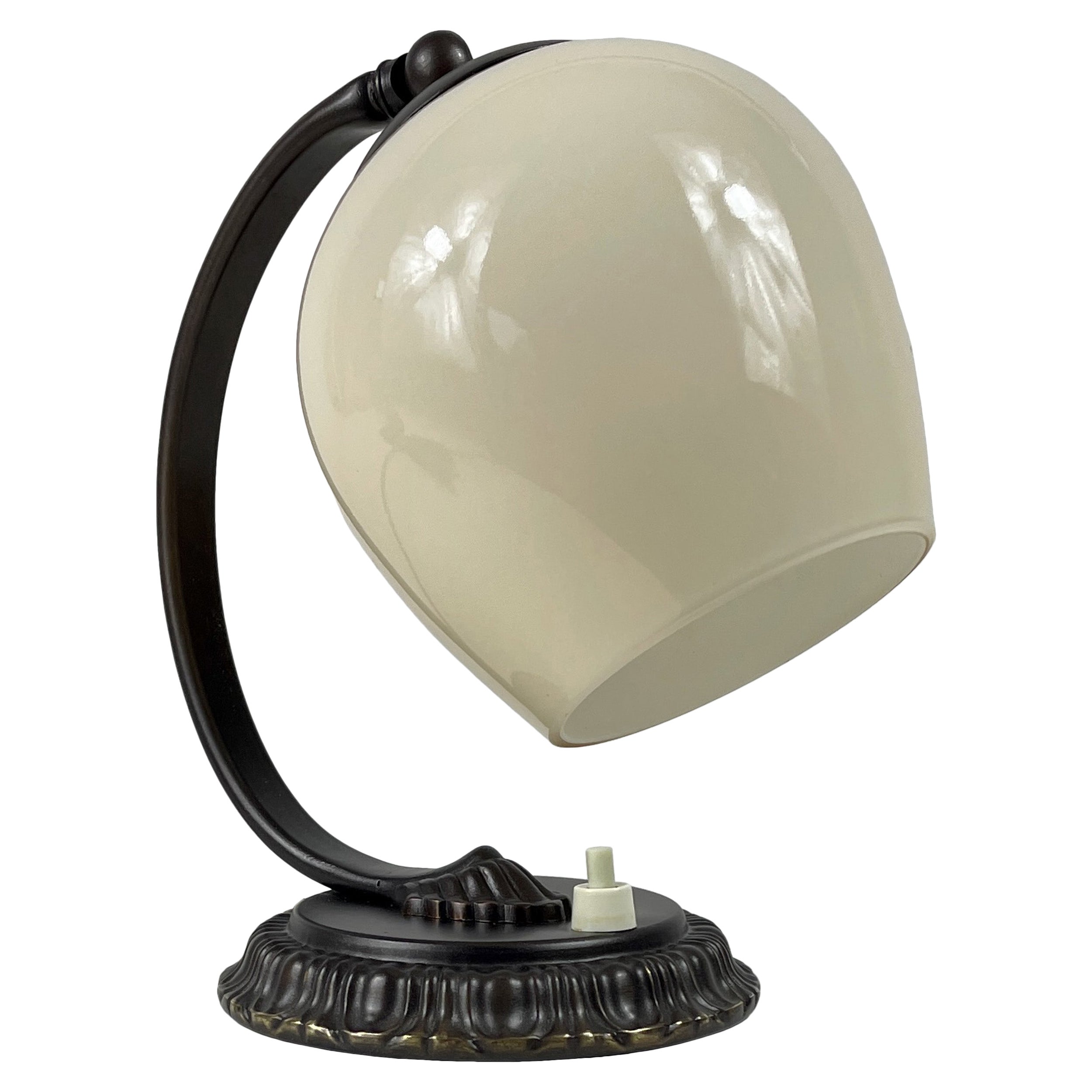 Art Deco Burnished Brass 
Opaline Table Lamp, Germany 1930s