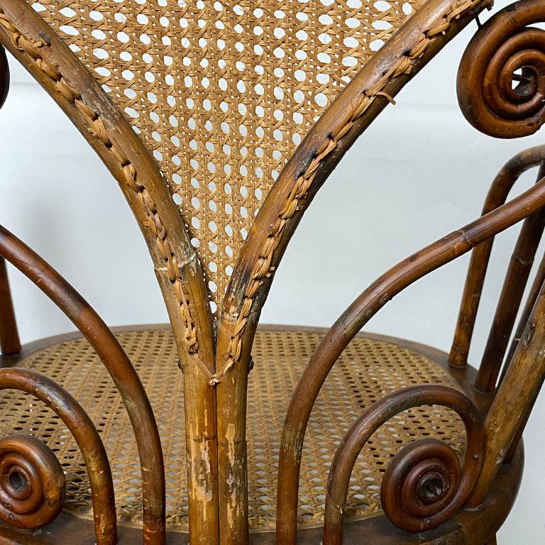 Brass Art Deco Burnt Bamboo and Cane Arm Chair