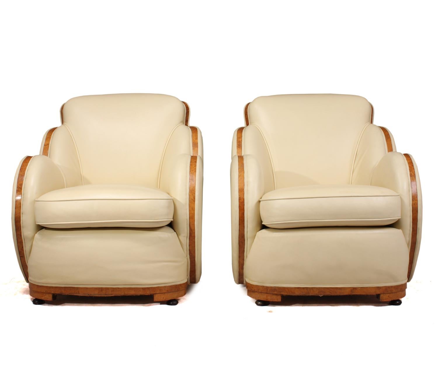 British Art Deco Burr Maple and Leather Cloud Suite by Epstein, circa 1930