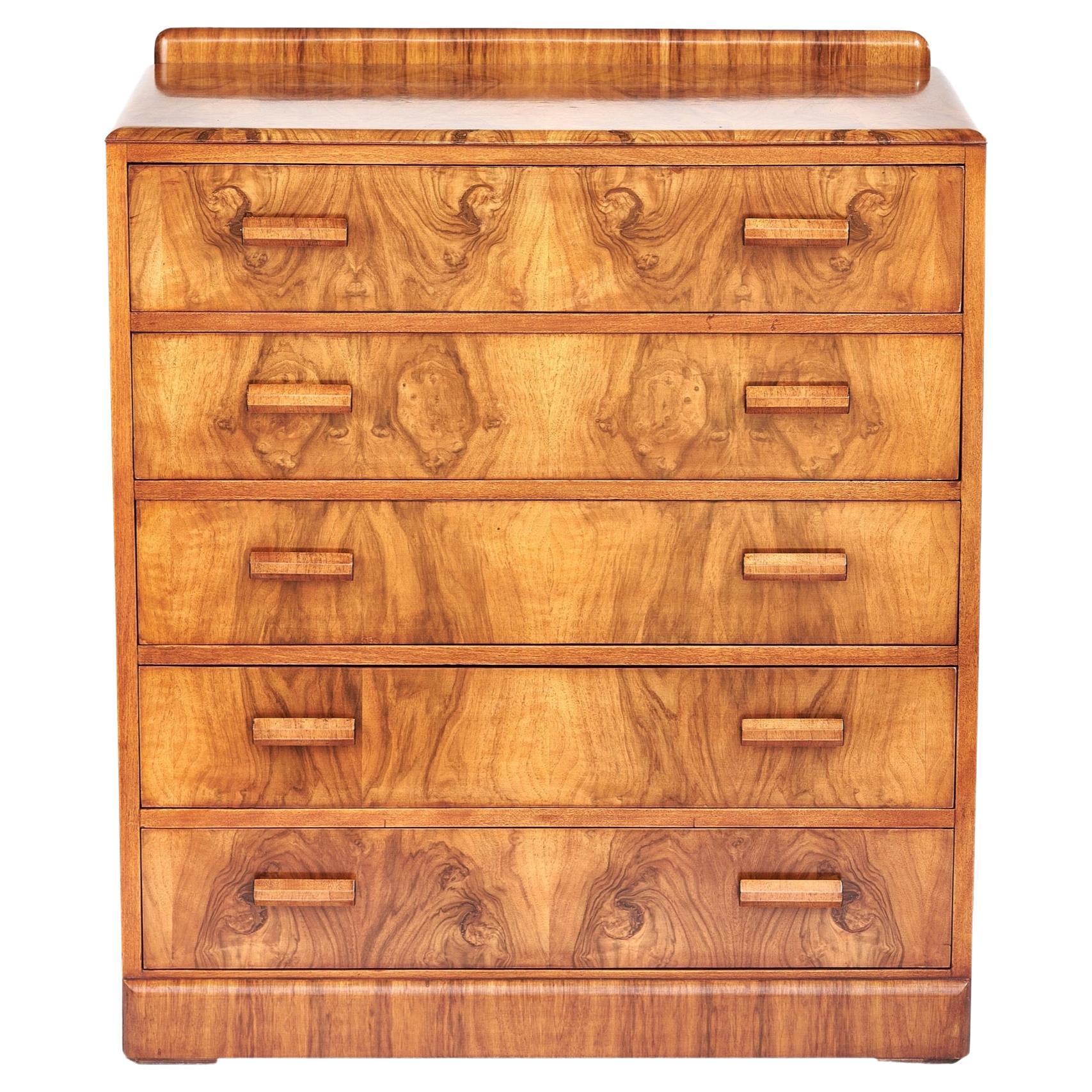 Art Deco Burr Walnut 5 Drawer Chest, Circa 1930s For Sale at 1stDibs