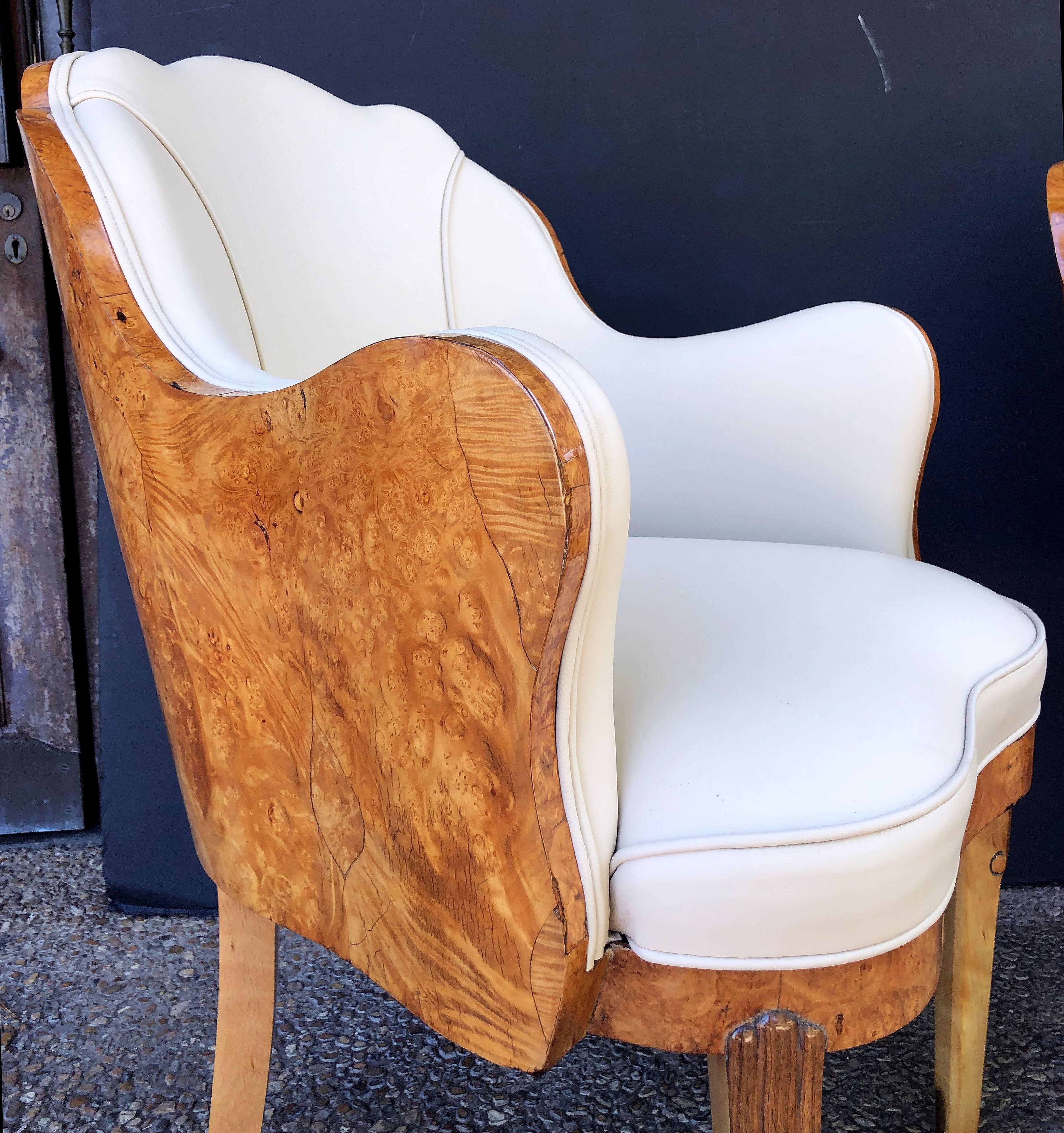 Art Deco Burr Walnut and Cream Leather Armchairs by Maurice Adams 'Priced Each' 9