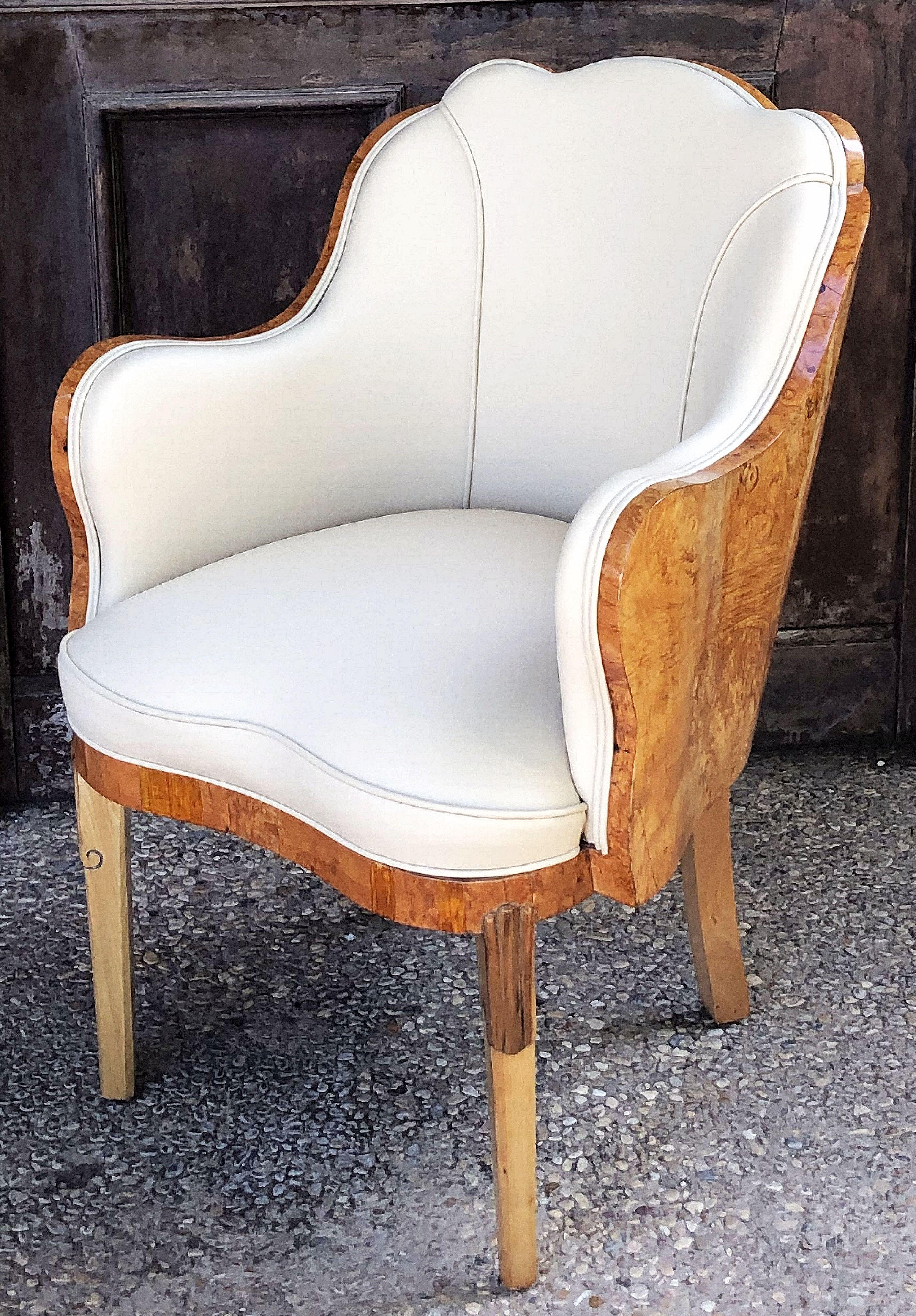 Mid-20th Century Art Deco Burr Walnut and Cream Leather Armchairs by Maurice Adams 'Priced Each'